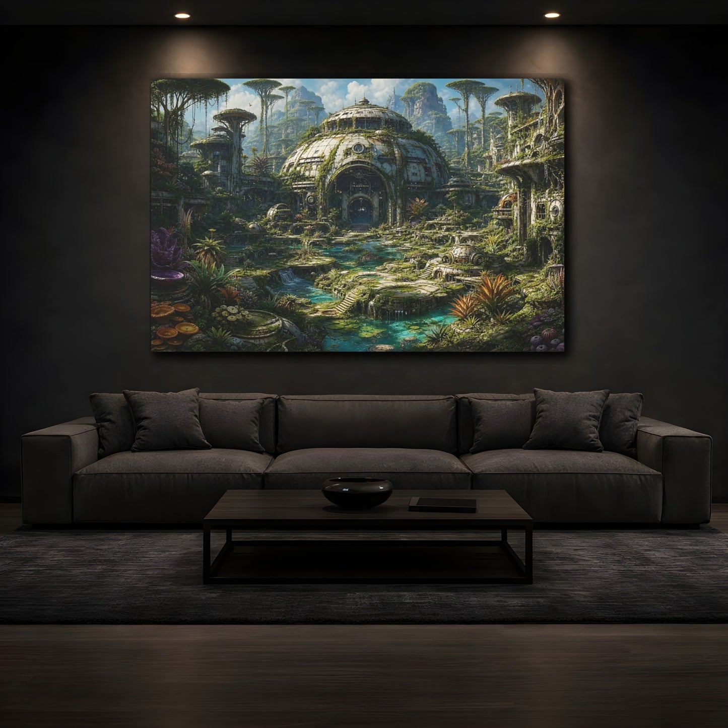 Mockup 4. Science Fiction Overgrown City Overgrown Landscape shown as stretched canvas wall art
