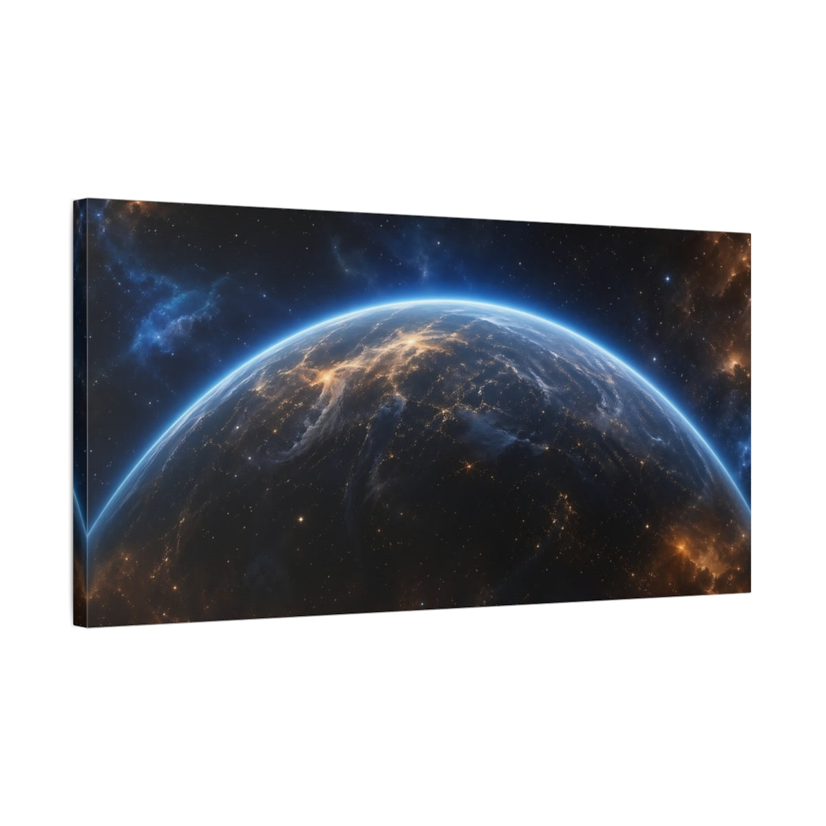 Side Mockup 1. Science Fiction Planet Earth Blue And Orange shown as stretched canvas wall art