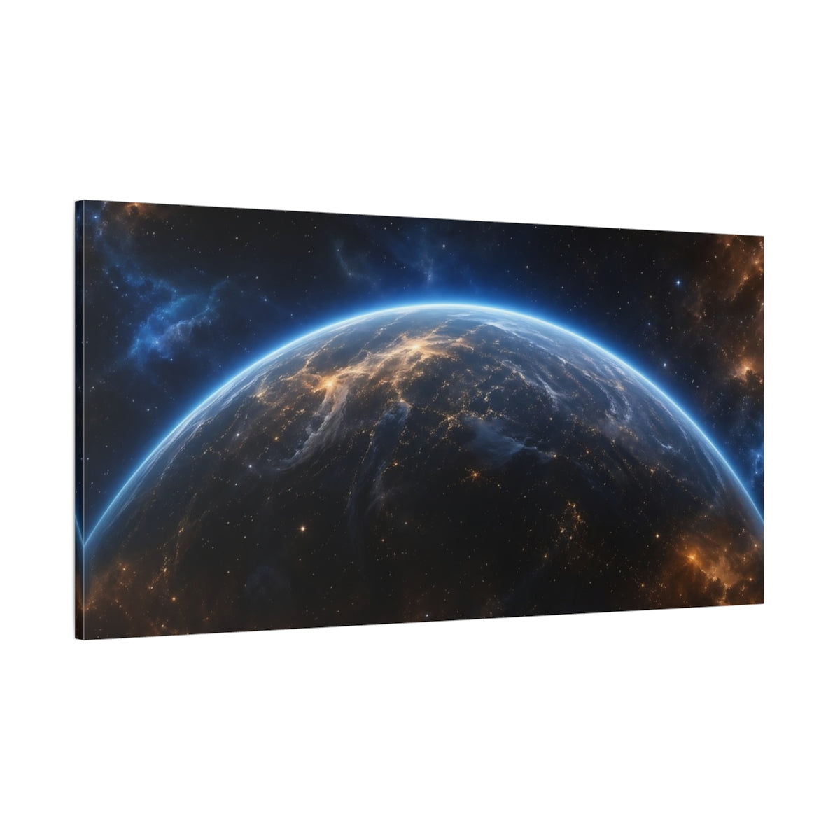 Side Mockup 2. Science Fiction Planet Earth Blue And Orange shown as stretched canvas wall art