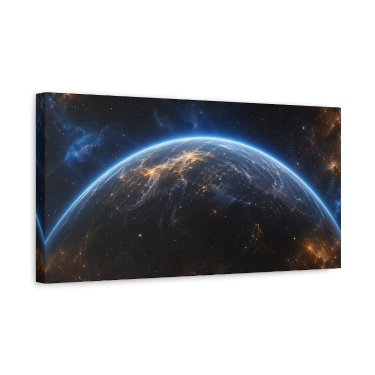 Side Mockup 3. Science Fiction Planet Earth Blue And Orange shown as stretched canvas wall art
