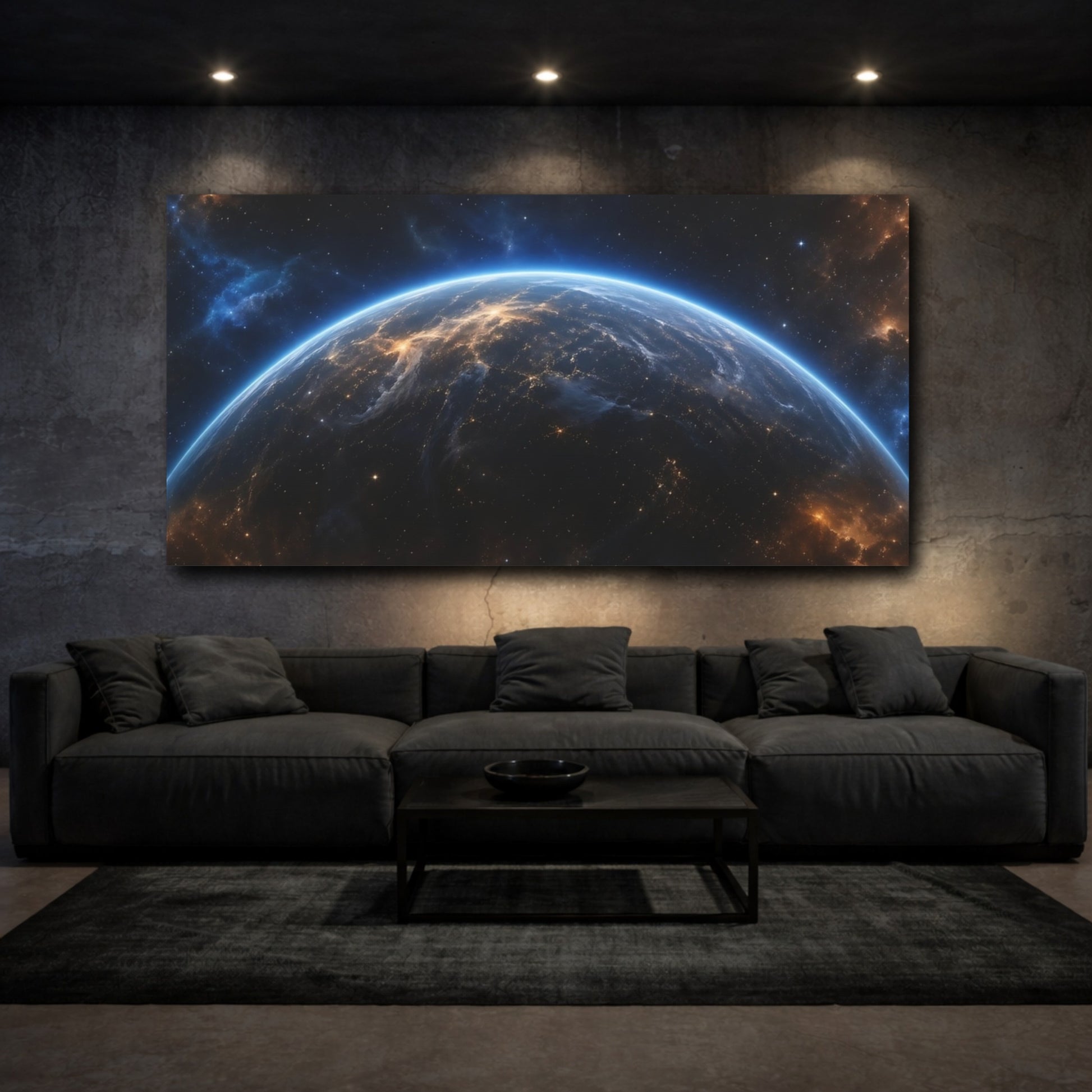 Mockup 2. Science Fiction Planet Earth Blue And Orange shown as stretched canvas wall art