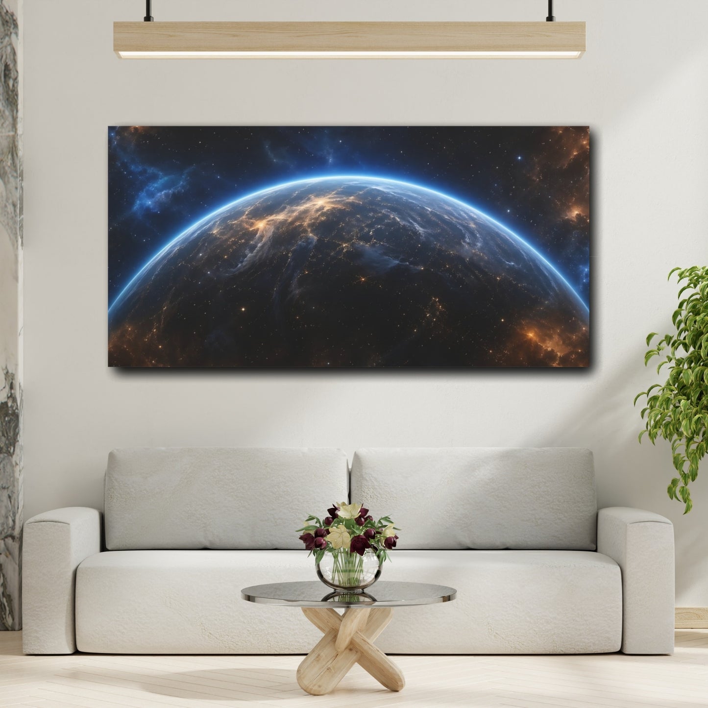 Mockup 3. Science Fiction Planet Earth Blue And Orange shown as stretched canvas wall art