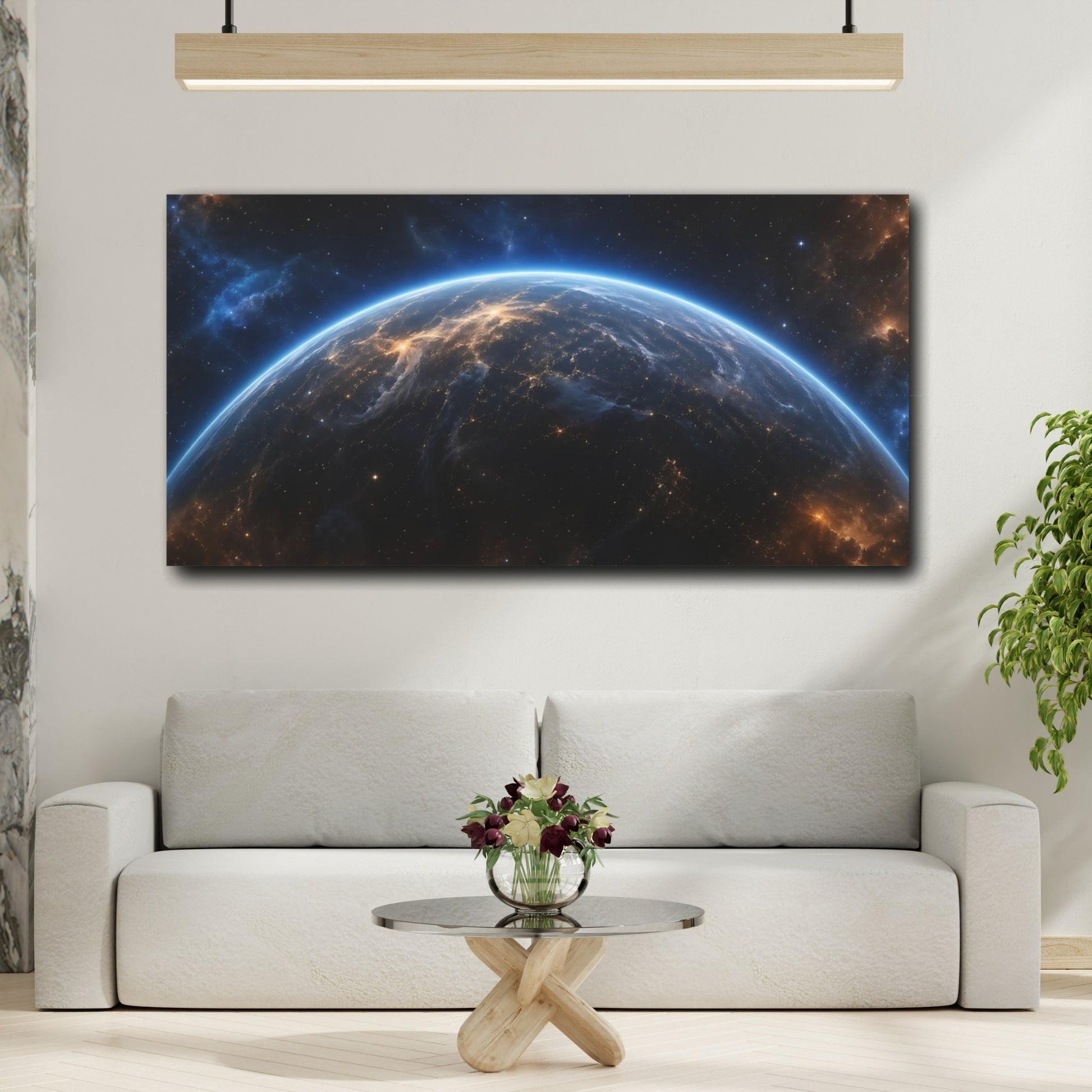 Mockup 3. Science Fiction Planet Earth Blue And Orange shown as stretched canvas wall art