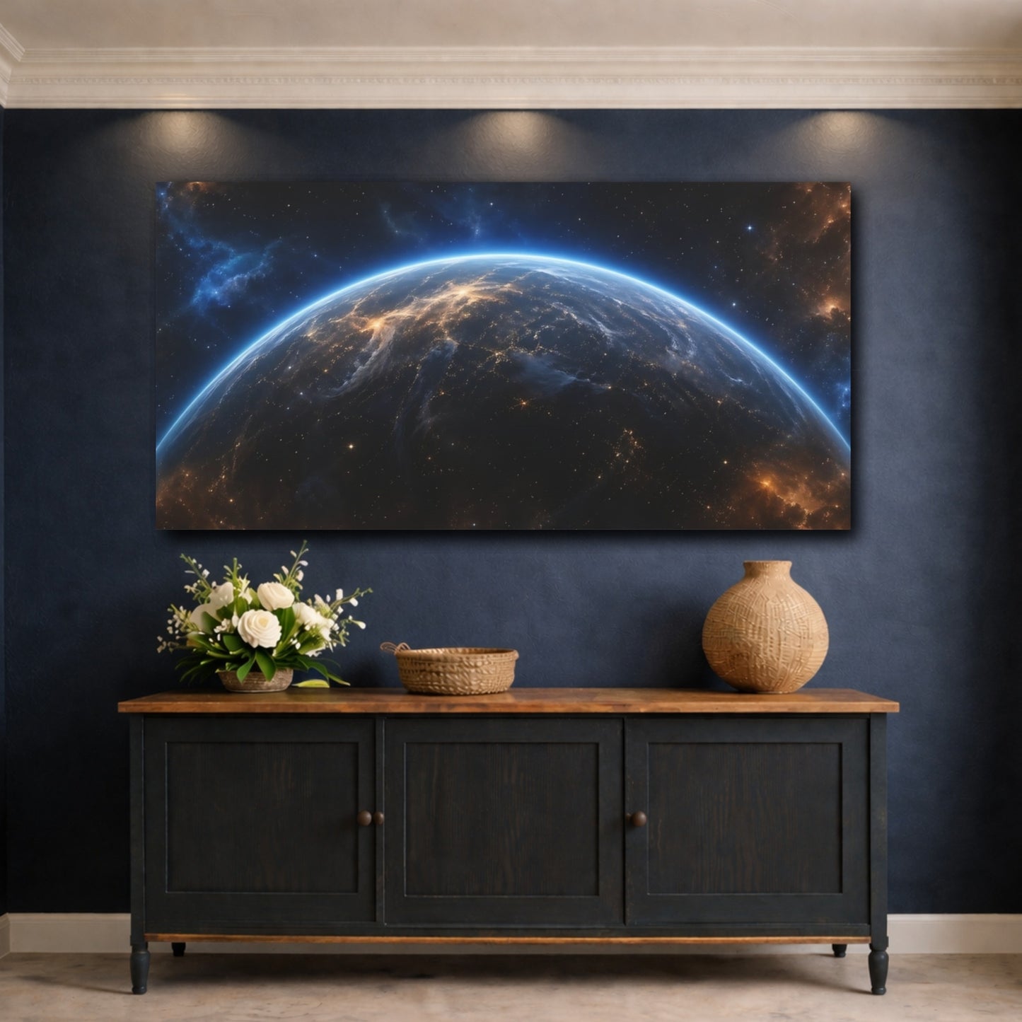 Mockup 4. Science Fiction Planet Earth Blue And Orange shown as stretched canvas wall art