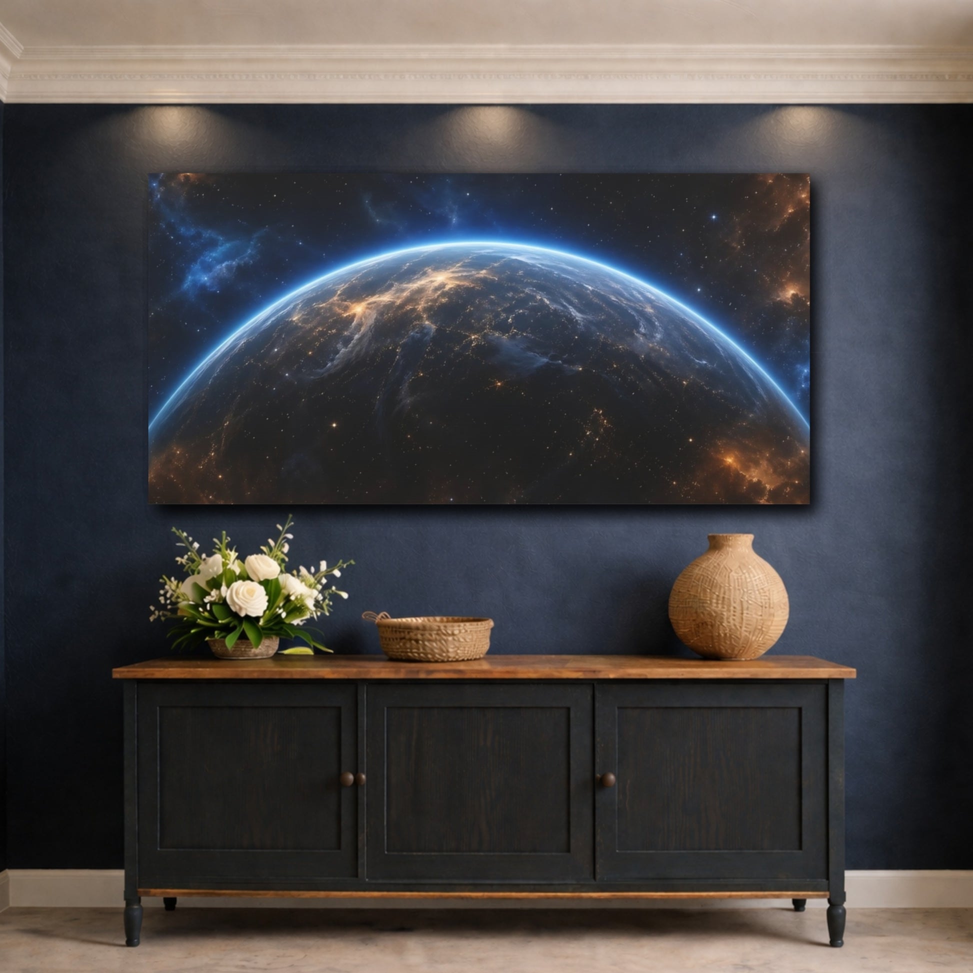 Mockup 4. Science Fiction Planet Earth Blue And Orange shown as stretched canvas wall art