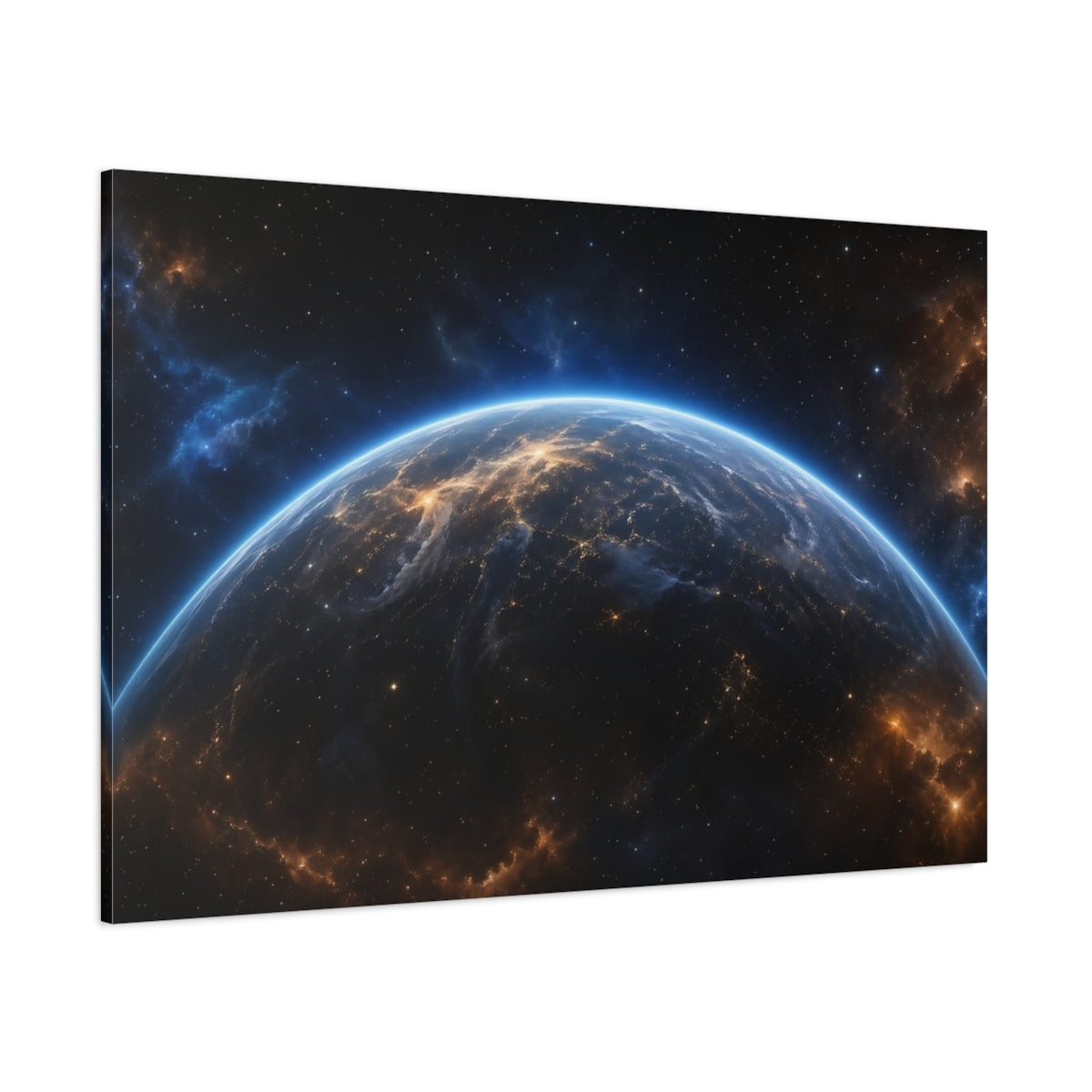 Side Mockup 1. Science Fiction Planet Earth Blue Orange Space shown as stretched canvas wall art