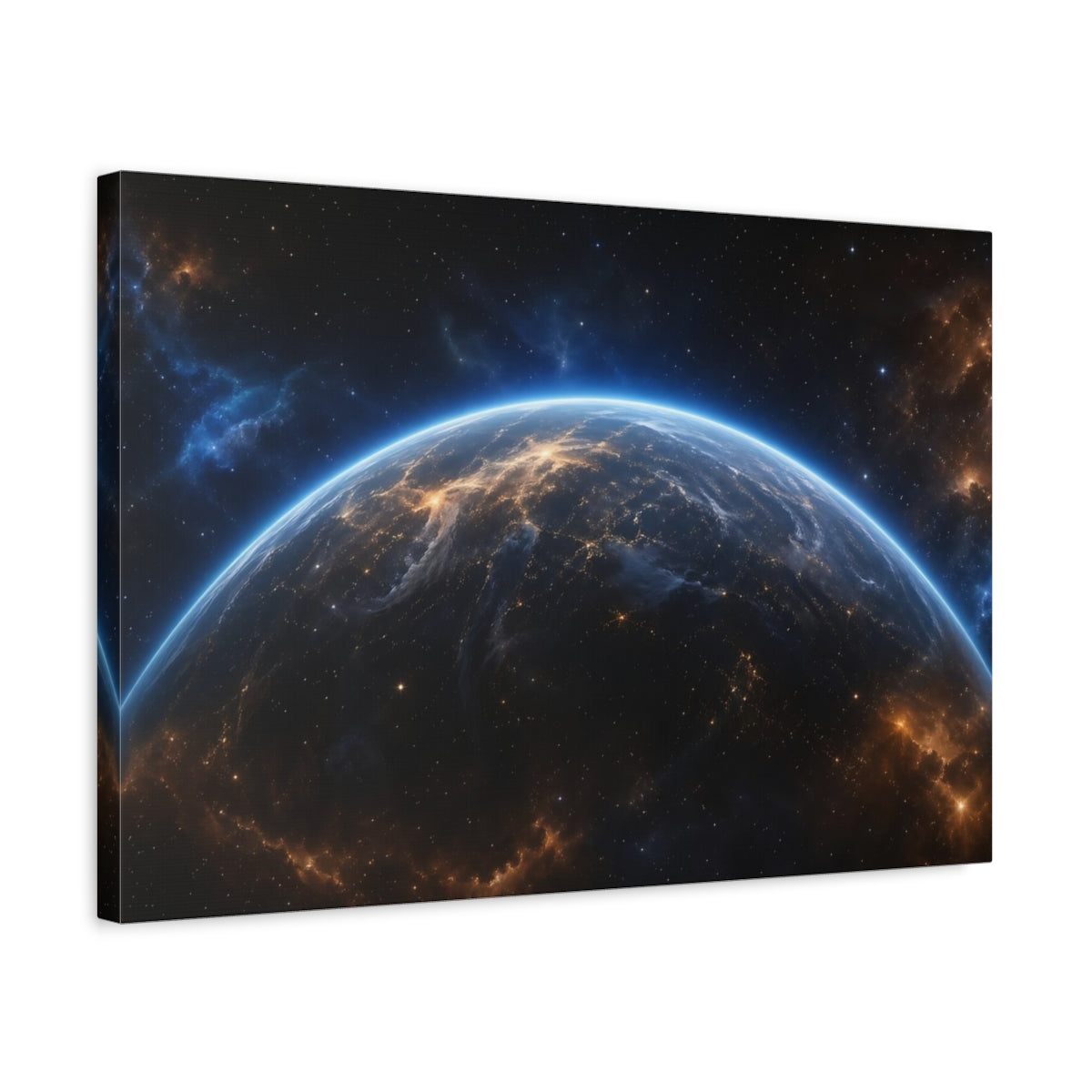 Side Mockup 3. Science Fiction Planet Earth Blue Orange Space shown as stretched canvas wall art