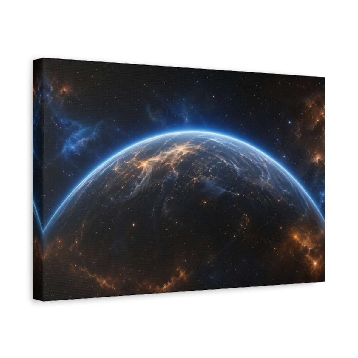 Side Mockup 4. Science Fiction Planet Earth Blue Orange Space shown as stretched canvas wall art