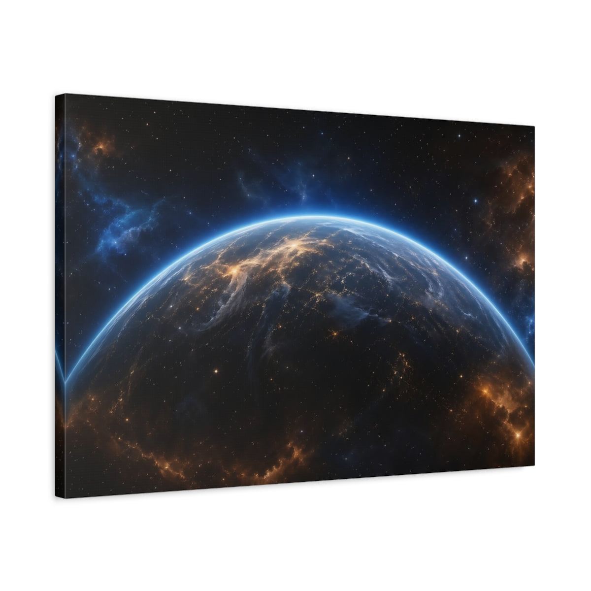 Side Mockup 2. Science Fiction Planet Earth Blue Orange Space shown as stretched canvas wall art