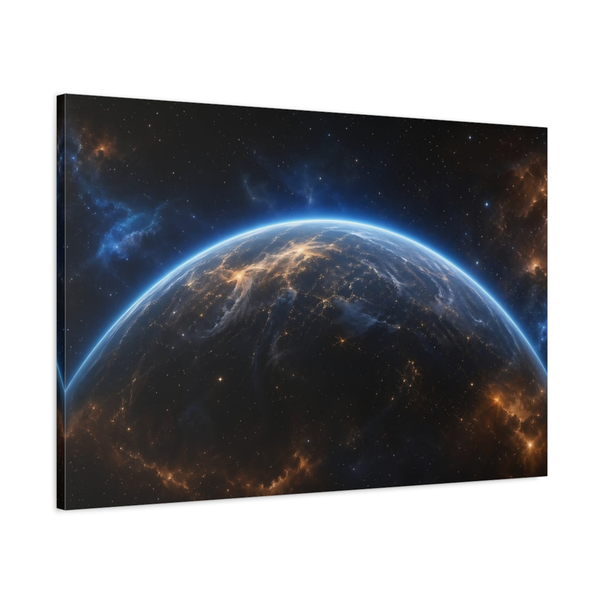 Main Mockup. Science Fiction Planet Earth Blue Orange Space shown as stretched canvas wall art
