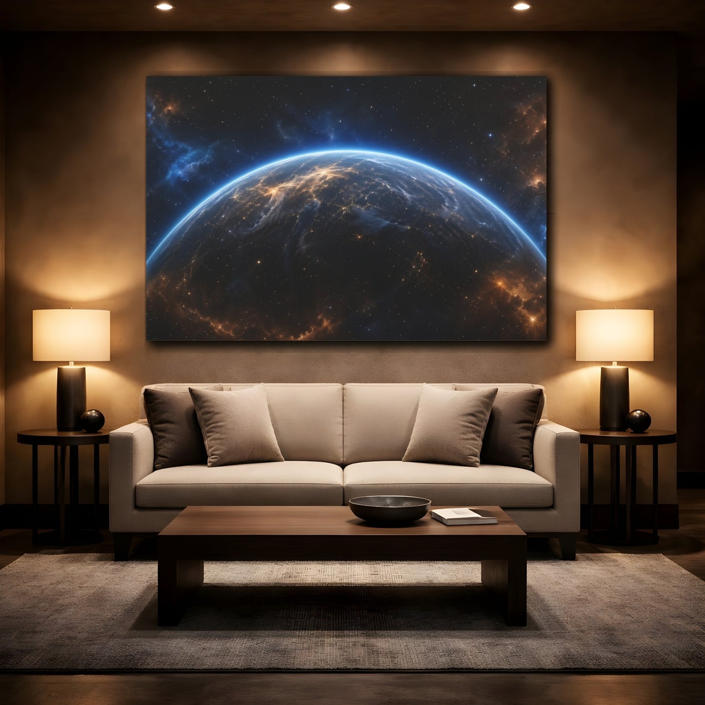Mockup 2. Science Fiction Planet Earth Blue Orange Space shown as stretched canvas wall art