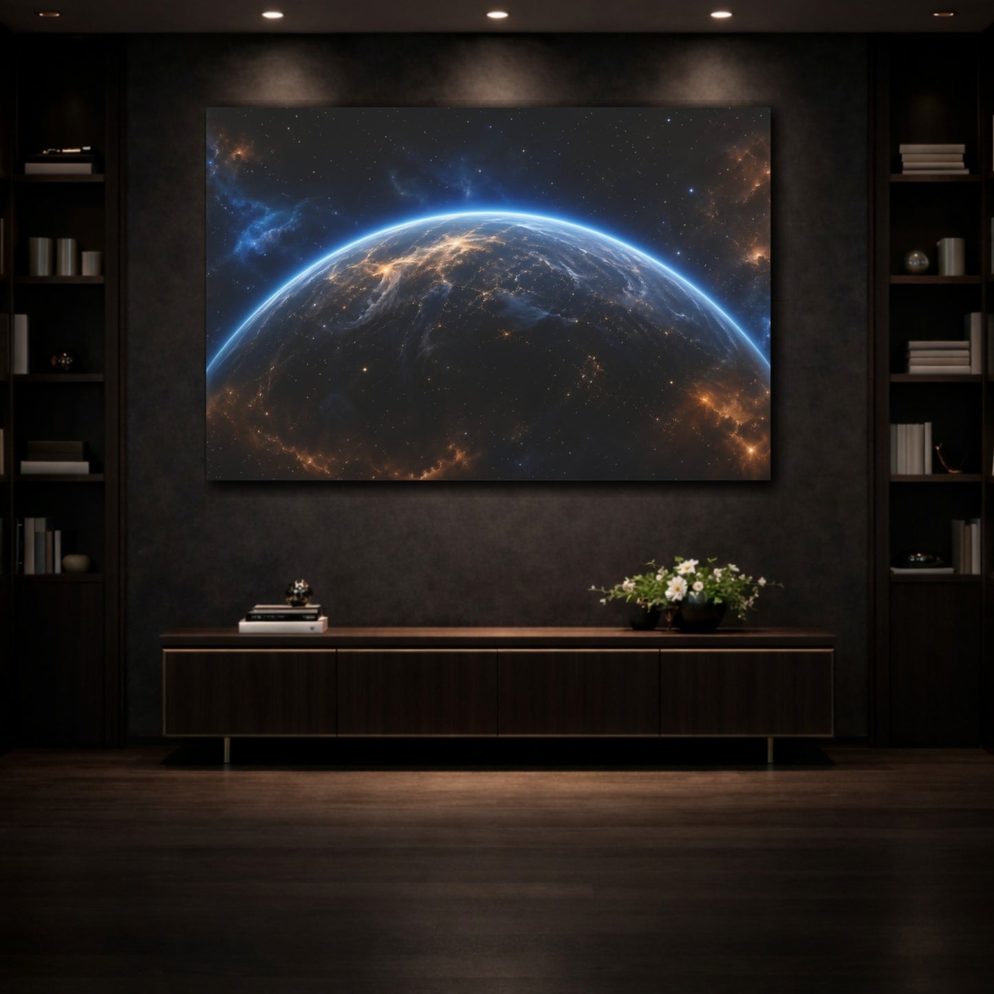 Mockup 3. Science Fiction Planet Earth Blue Orange Space shown as stretched canvas wall art