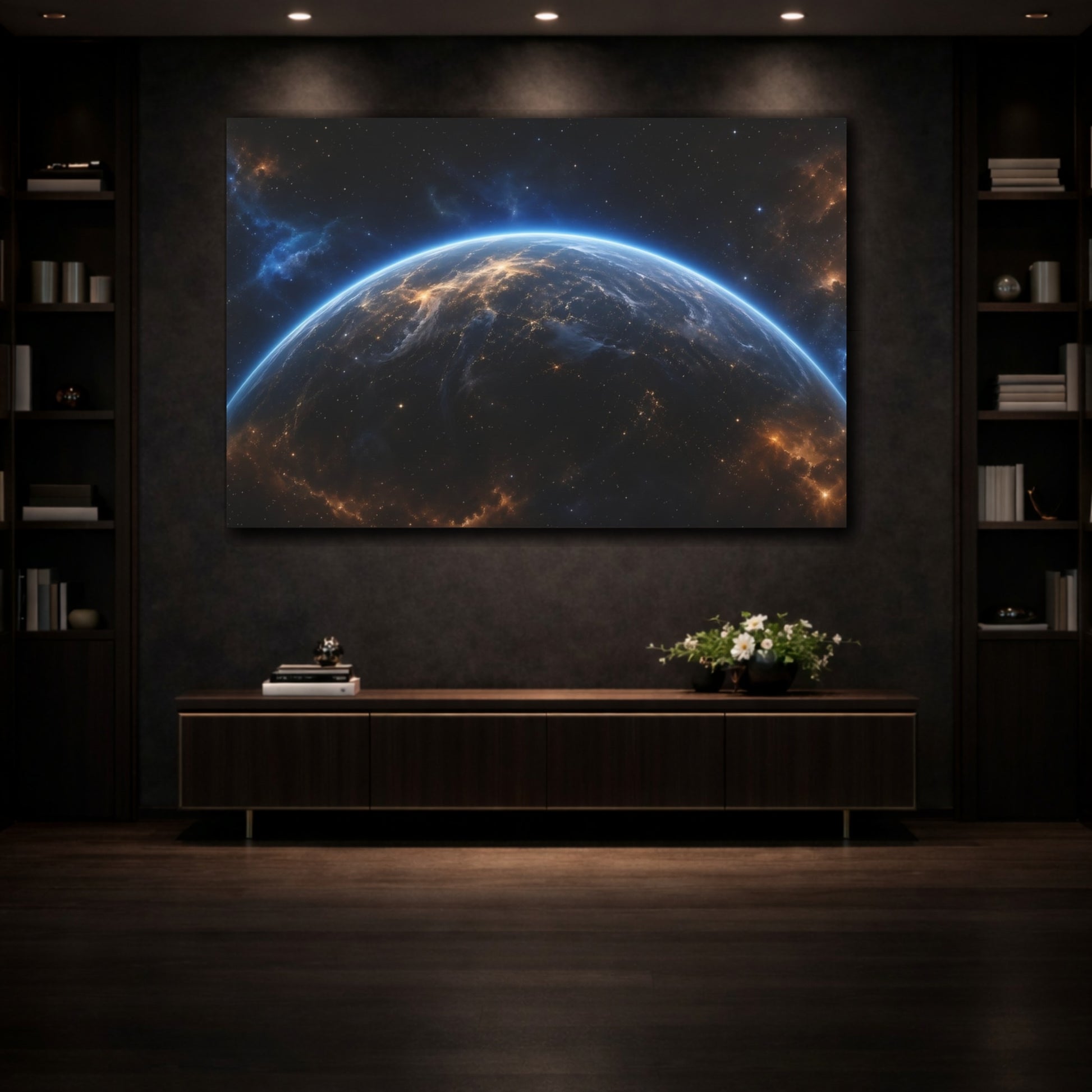 Mockup 3. Science Fiction Planet Earth Blue Orange Space shown as stretched canvas wall art