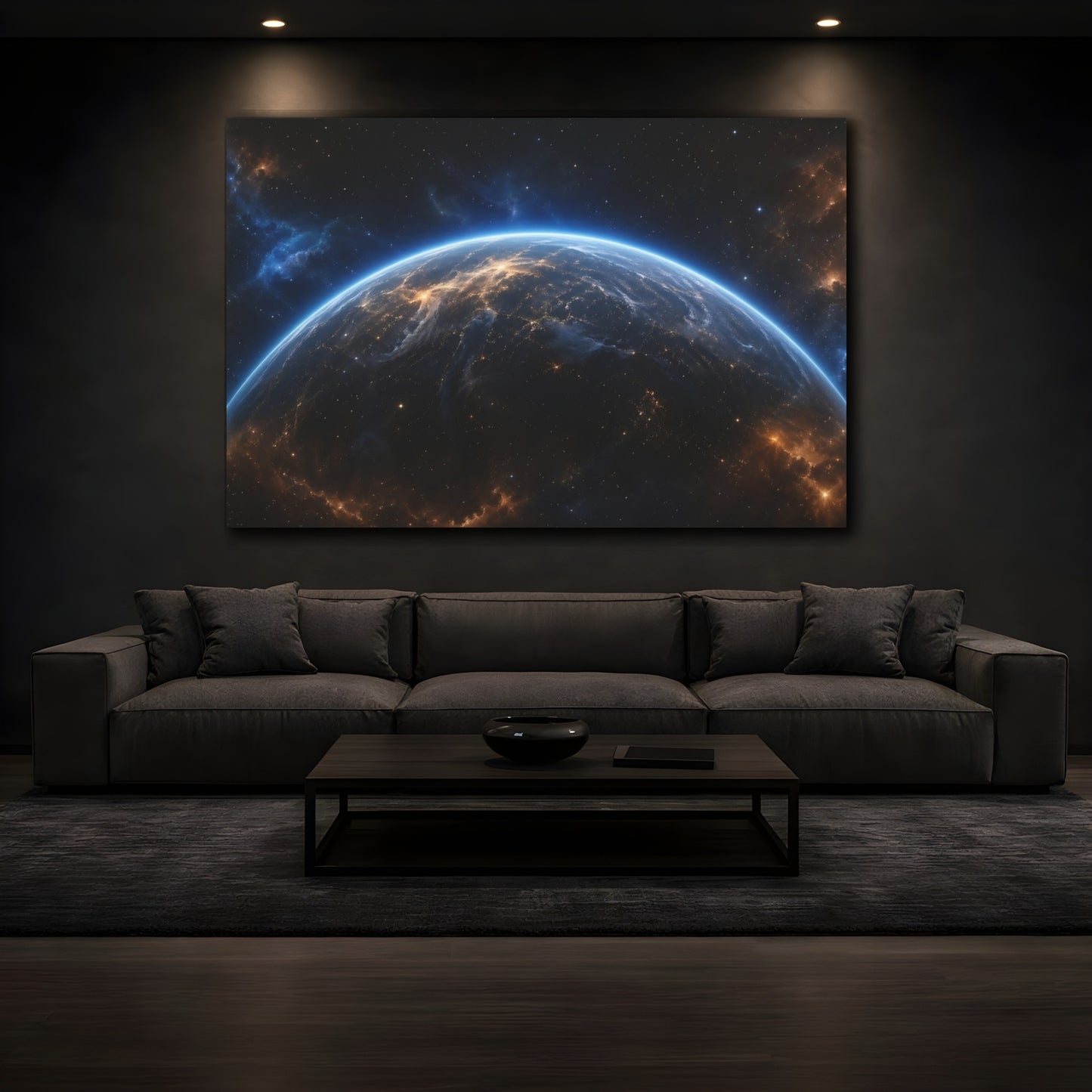 Mockup 4. Science Fiction Planet Earth Blue Orange Space shown as stretched canvas wall art
