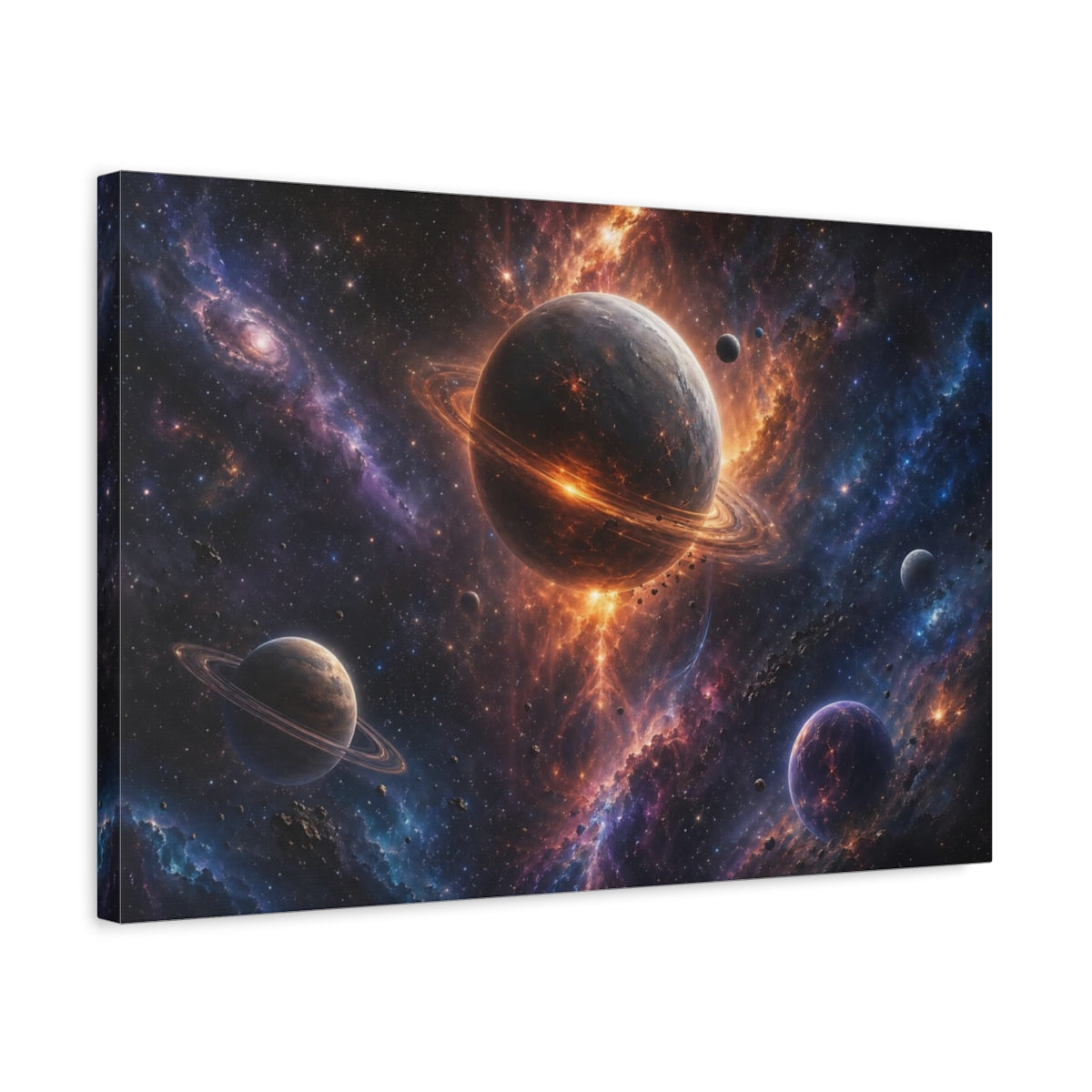 Side Mockup 3. Science Fiction Planetary System Orange Purple Cosmos shown as stretched canvas wall art