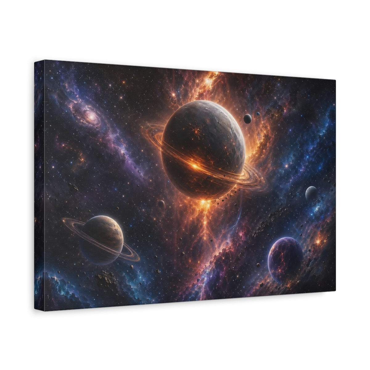 Side Mockup 4. Science Fiction Planetary System Orange Purple Cosmos shown as stretched canvas wall art