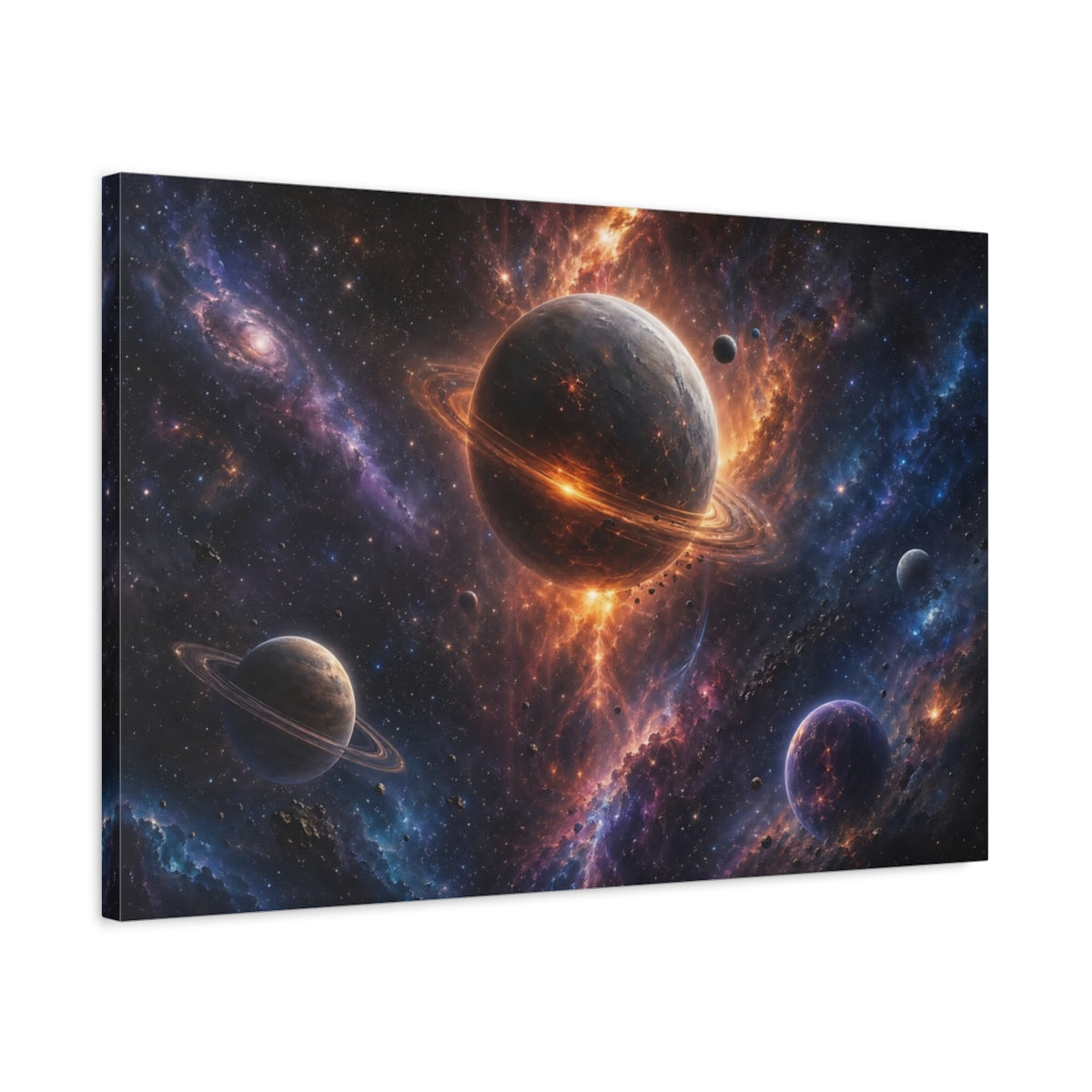 Side Mockup 2. Science Fiction Planetary System Orange Purple Cosmos shown as stretched canvas wall art
