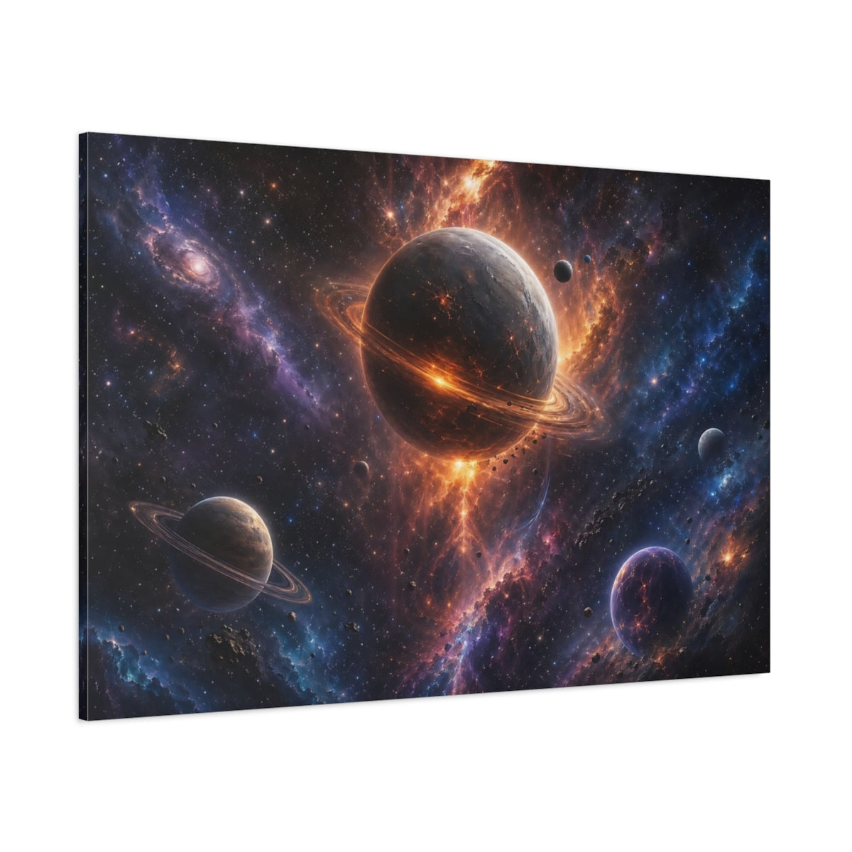 Side Mockup 1. Science Fiction Planetary System Orange Purple Cosmos shown as stretched canvas wall art