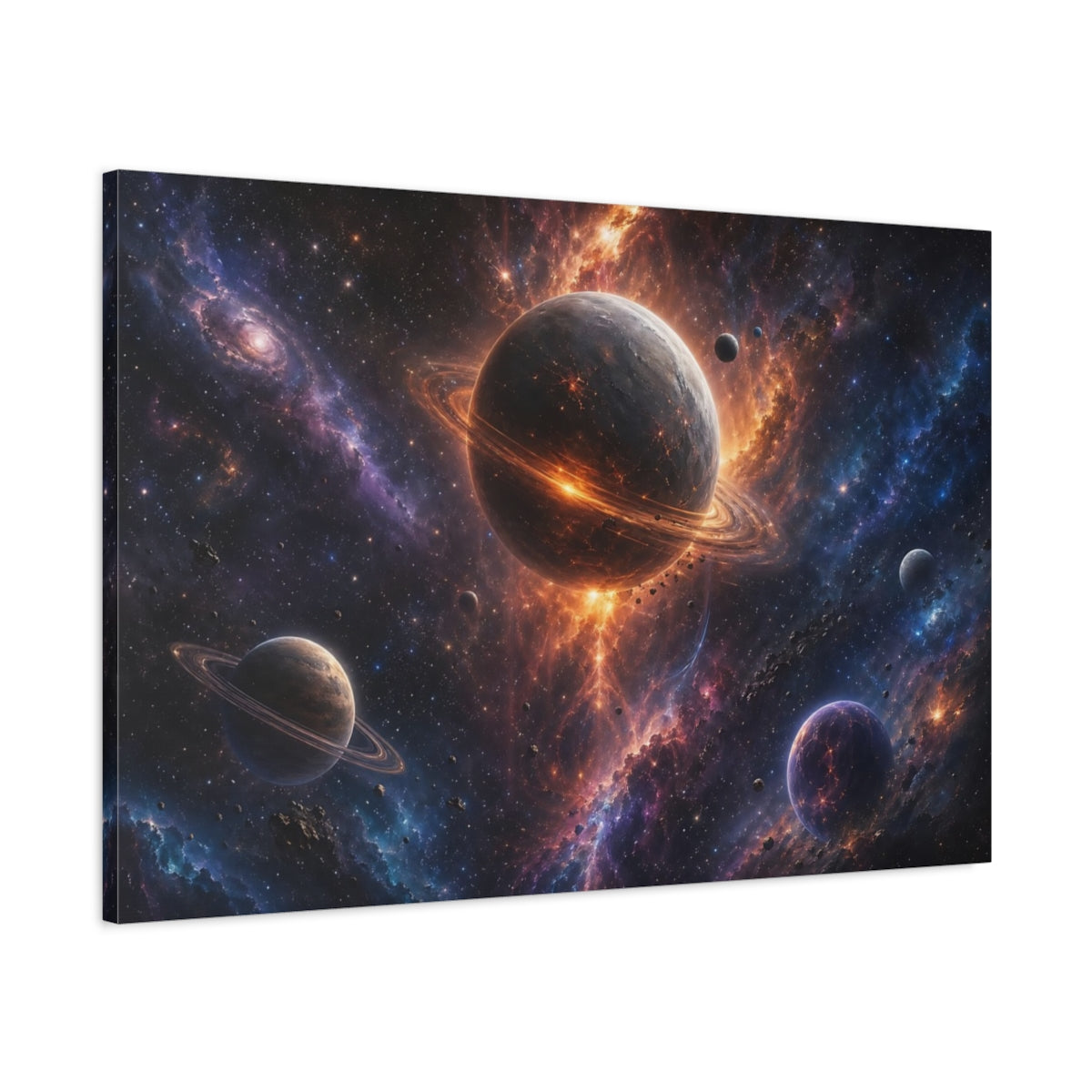 Main Mockup. Science Fiction Planetary System Orange Purple Cosmos shown as stretched canvas wall art
