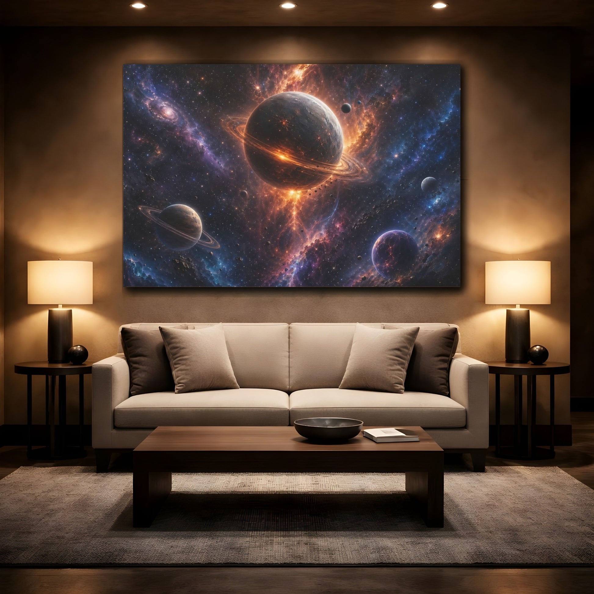 Mockup 2. Science Fiction Planetary System Orange Purple Cosmos shown as stretched canvas wall art