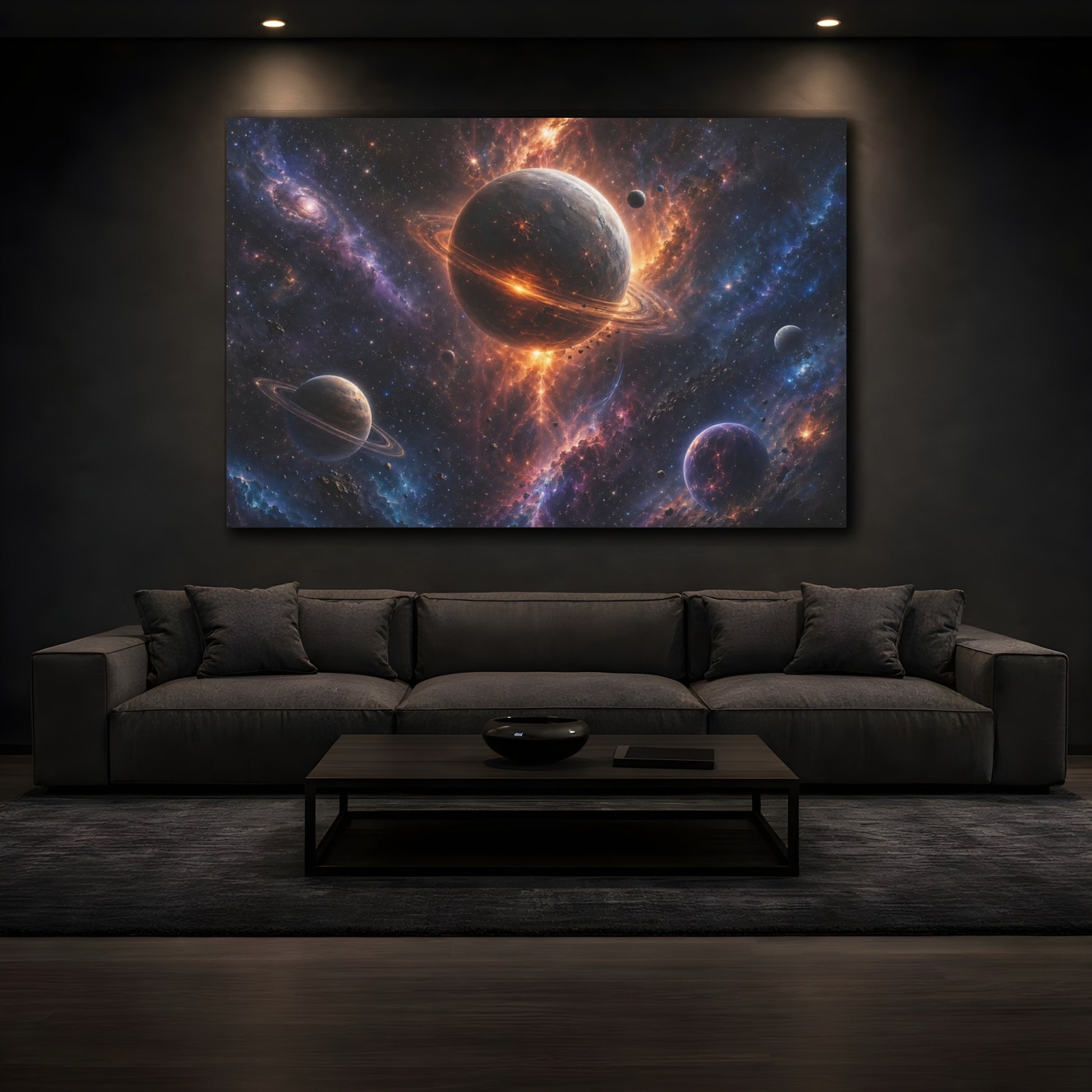 Mockup 3. Science Fiction Planetary System Orange Purple Cosmos shown as stretched canvas wall art