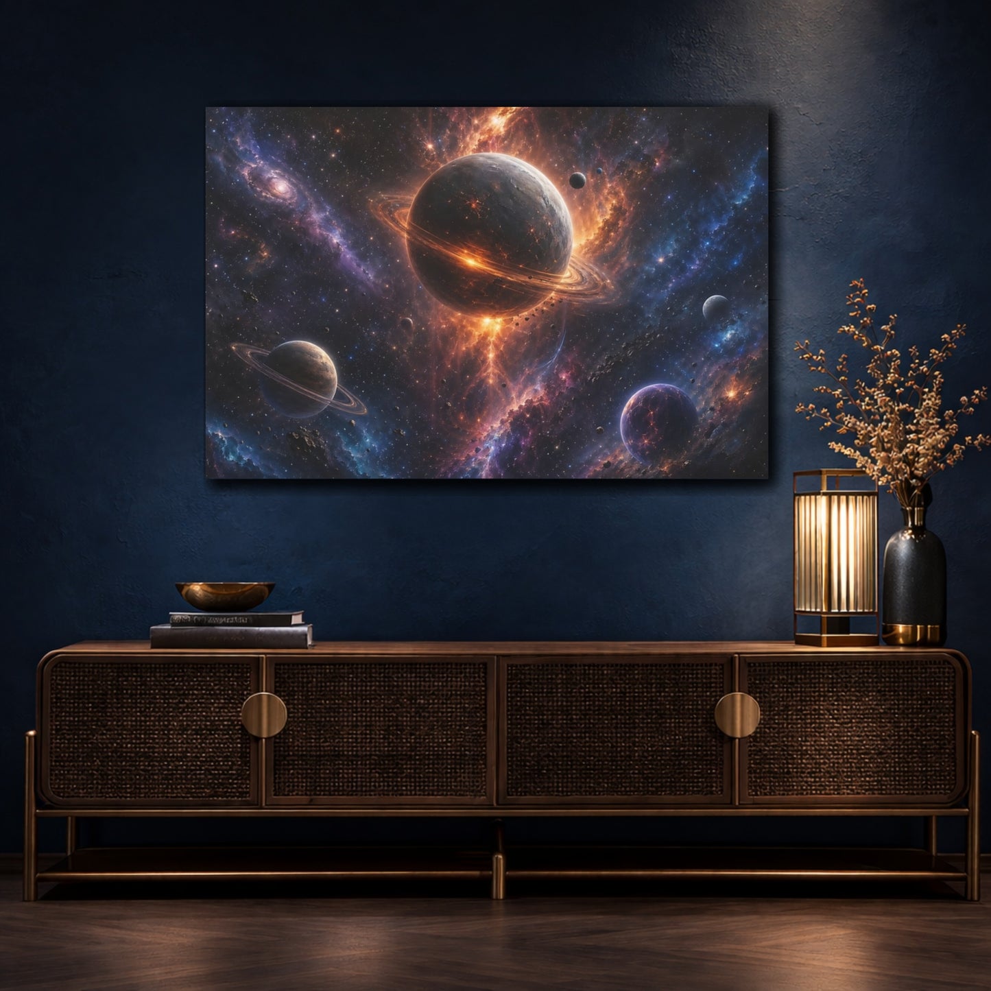 Mockup 4. Science Fiction Planetary System Orange Purple Cosmos shown as stretched canvas wall art