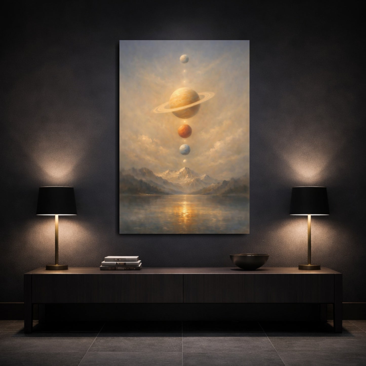 Mockup 2. Science Fiction Planets Cosmic Landscape shown as stretched canvas wall art