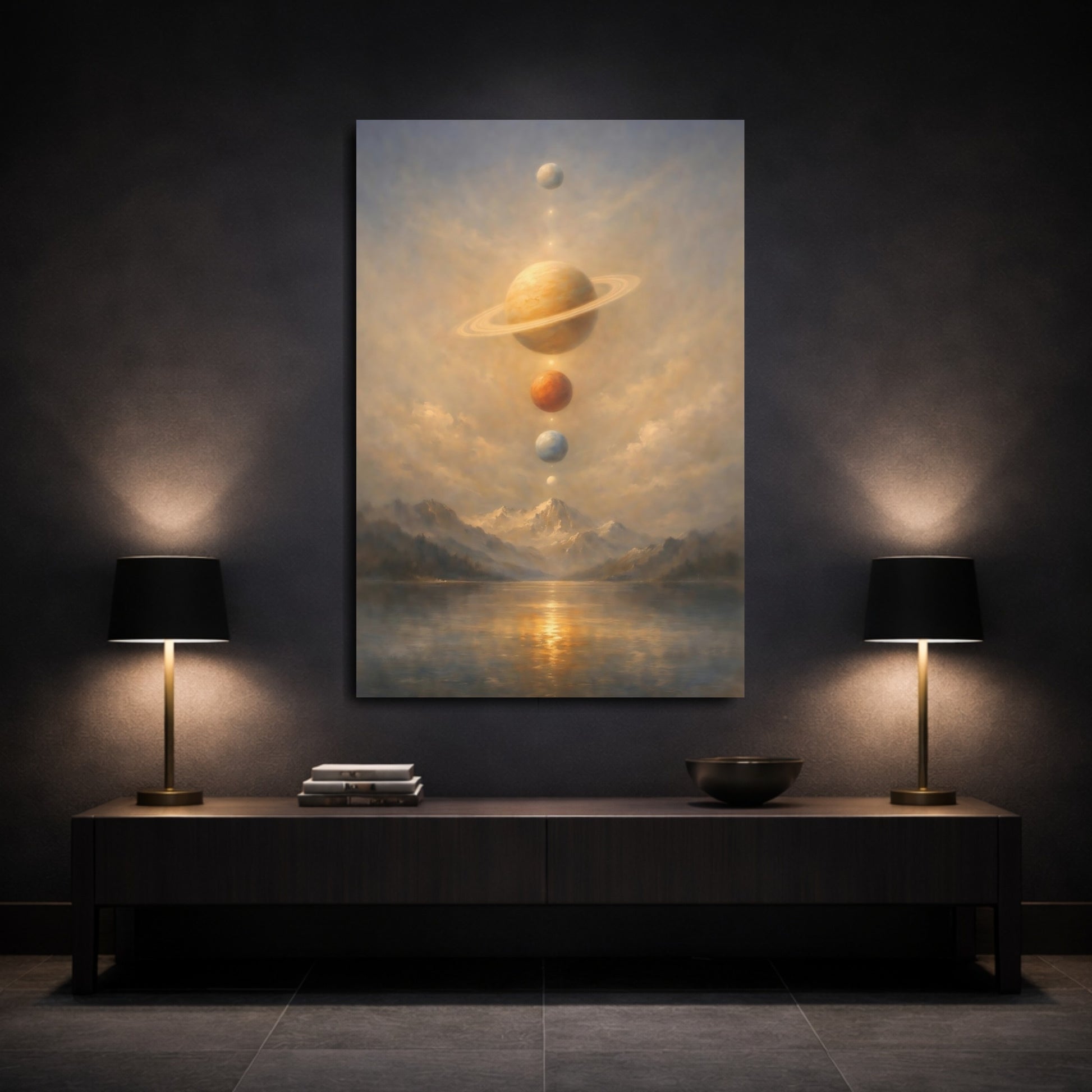 Mockup 2. Science Fiction Planets Cosmic Landscape shown as stretched canvas wall art