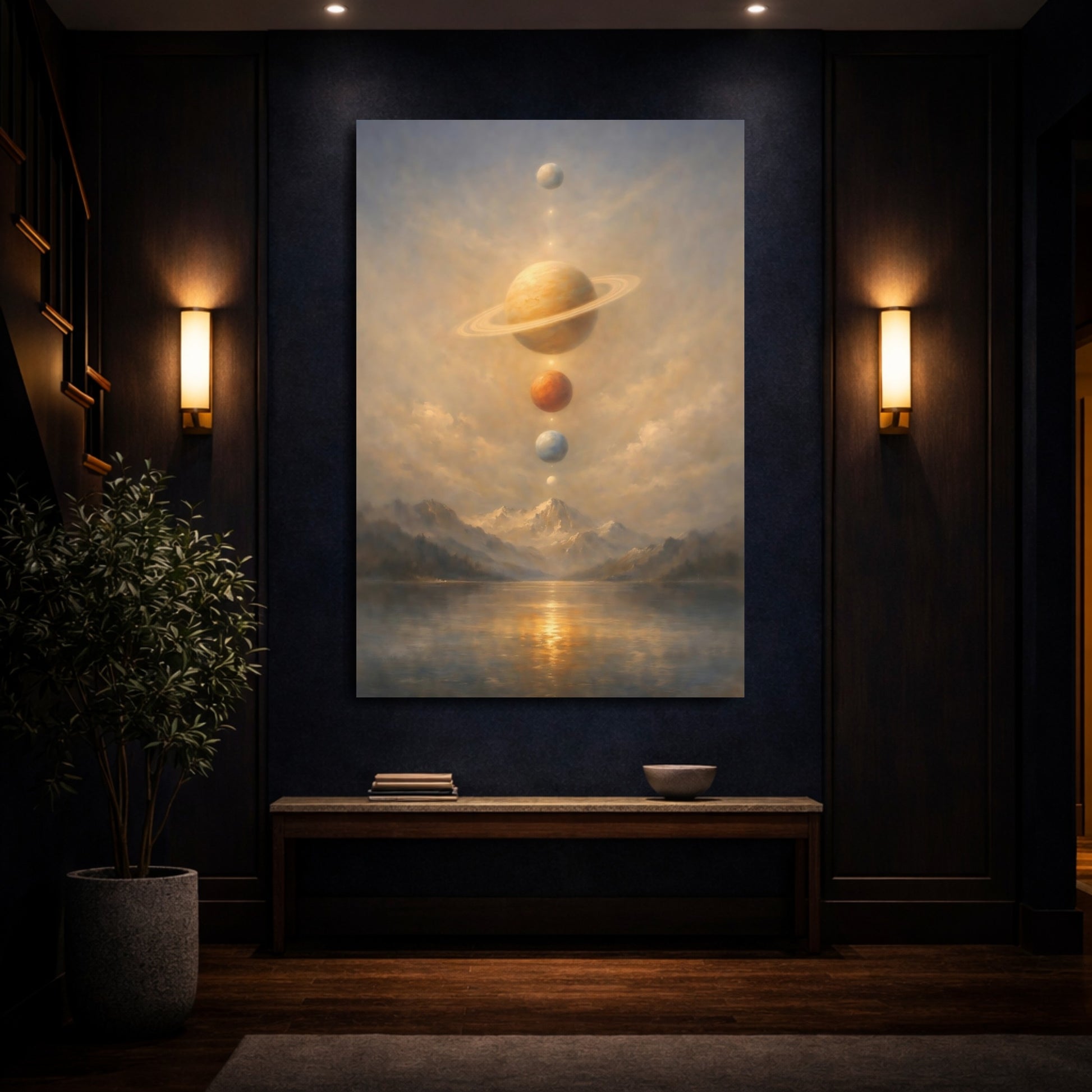 Mockup 3. Science Fiction Planets Cosmic Landscape shown as stretched canvas wall art