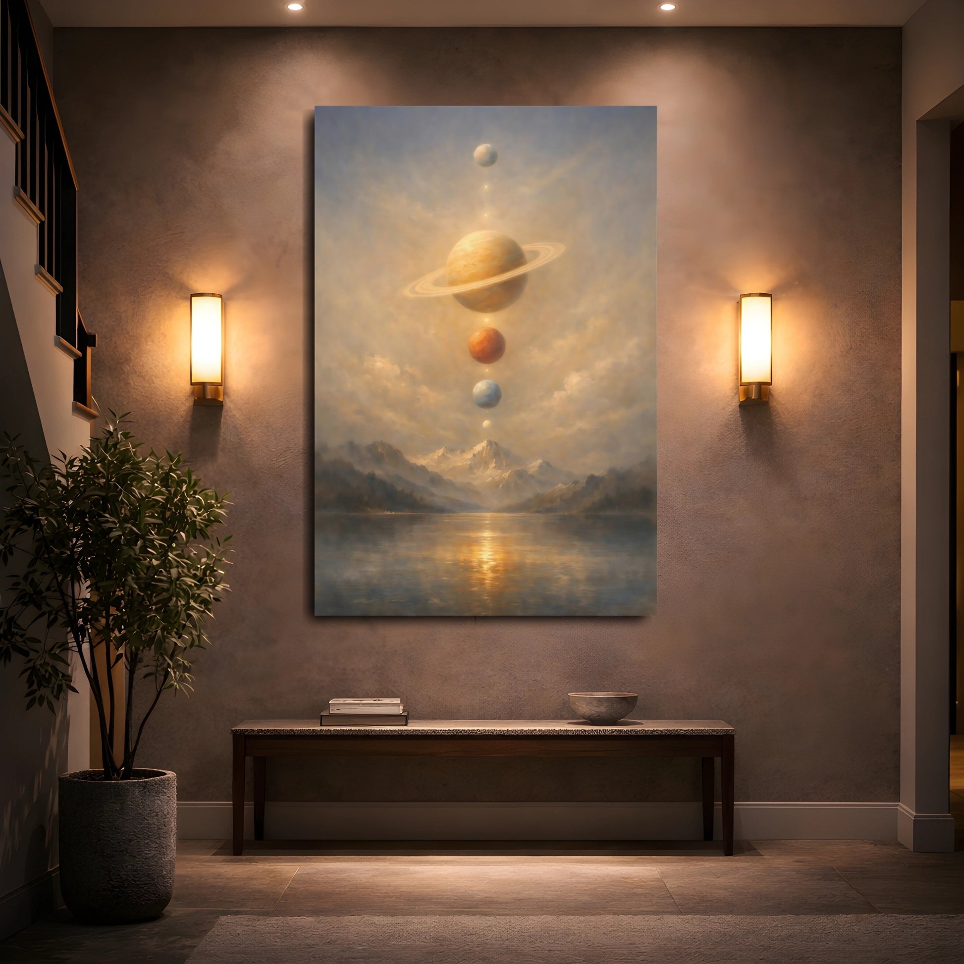 Mockup 4. Science Fiction Planets Cosmic Landscape shown as stretched canvas wall art