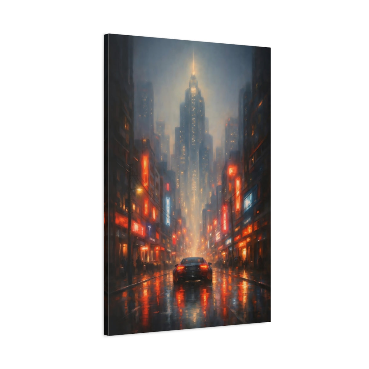 Side Mockup 1. Science Fiction Rainy City Rainy City Night shown as stretched canvas wall art