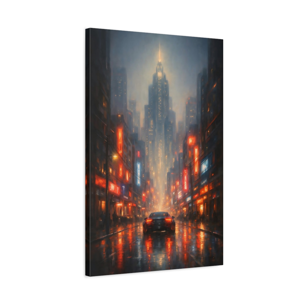 Side Mockup 2. Science Fiction Rainy City Rainy City Night shown as stretched canvas wall art