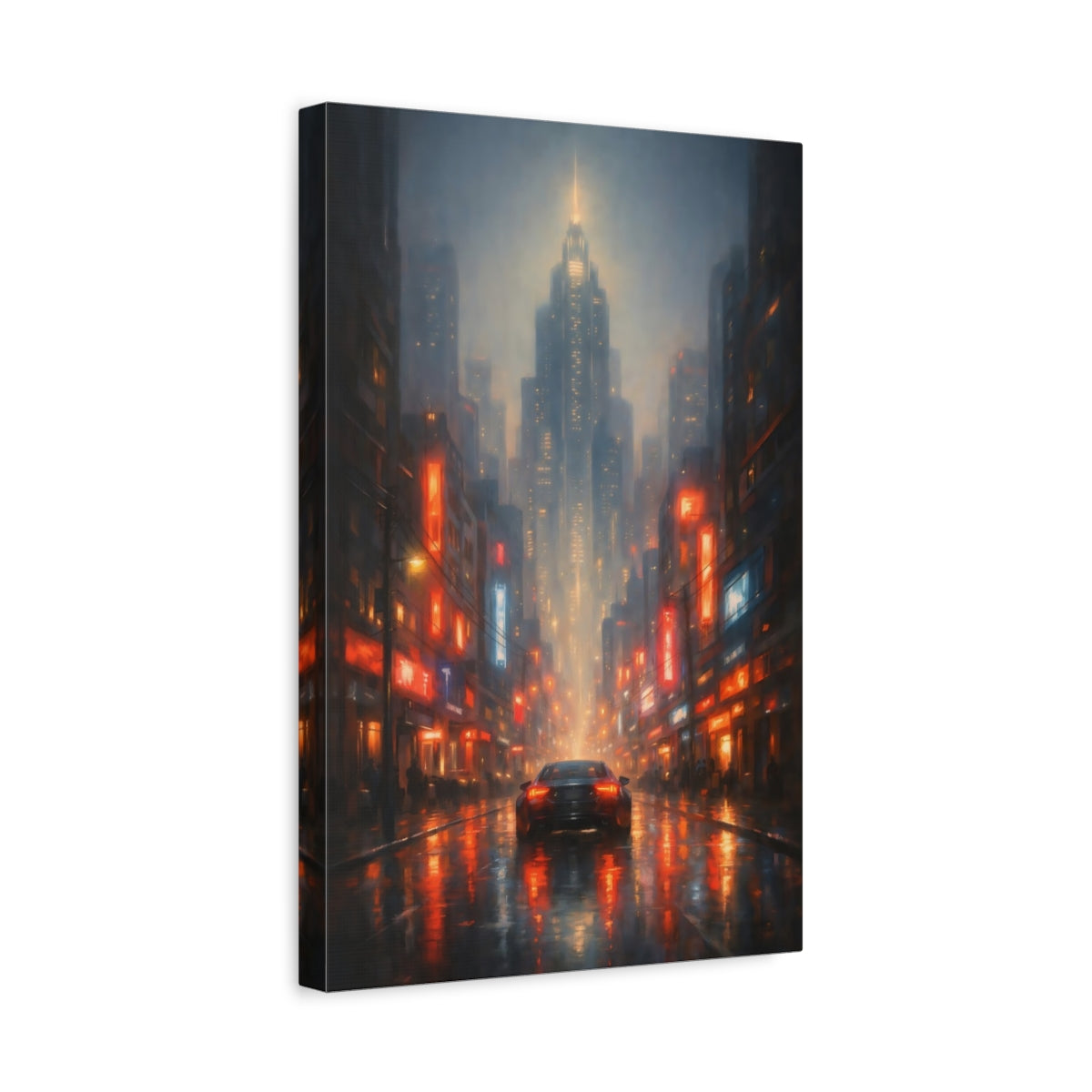 Side Mockup 4. Science Fiction Rainy City Rainy City Night shown as stretched canvas wall art