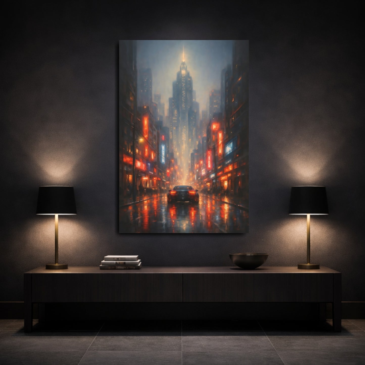 Mockup 2. Science Fiction Rainy City Rainy City Night shown as stretched canvas wall art