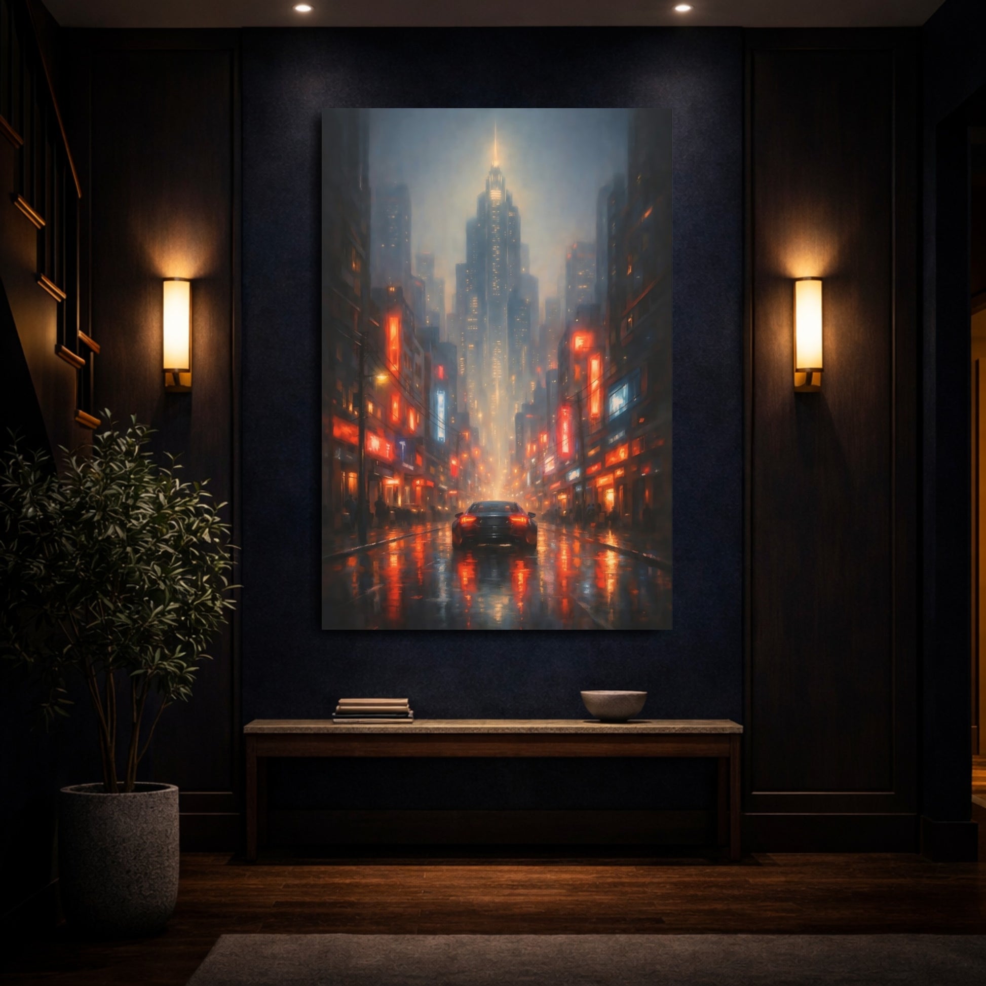 Mockup 3. Science Fiction Rainy City Rainy City Night shown as stretched canvas wall art