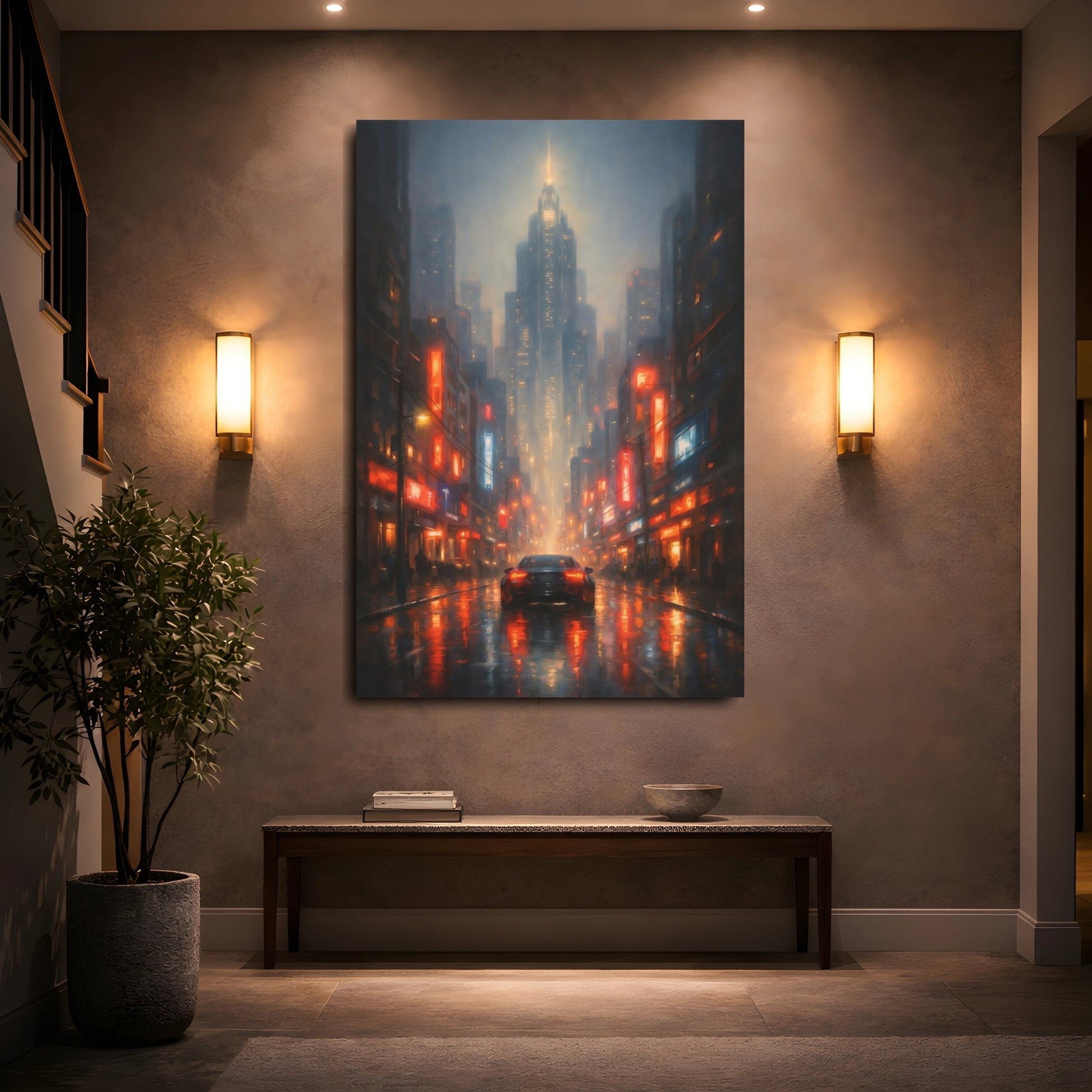 Mockup 4. Science Fiction Rainy City Rainy City Night shown as stretched canvas wall art