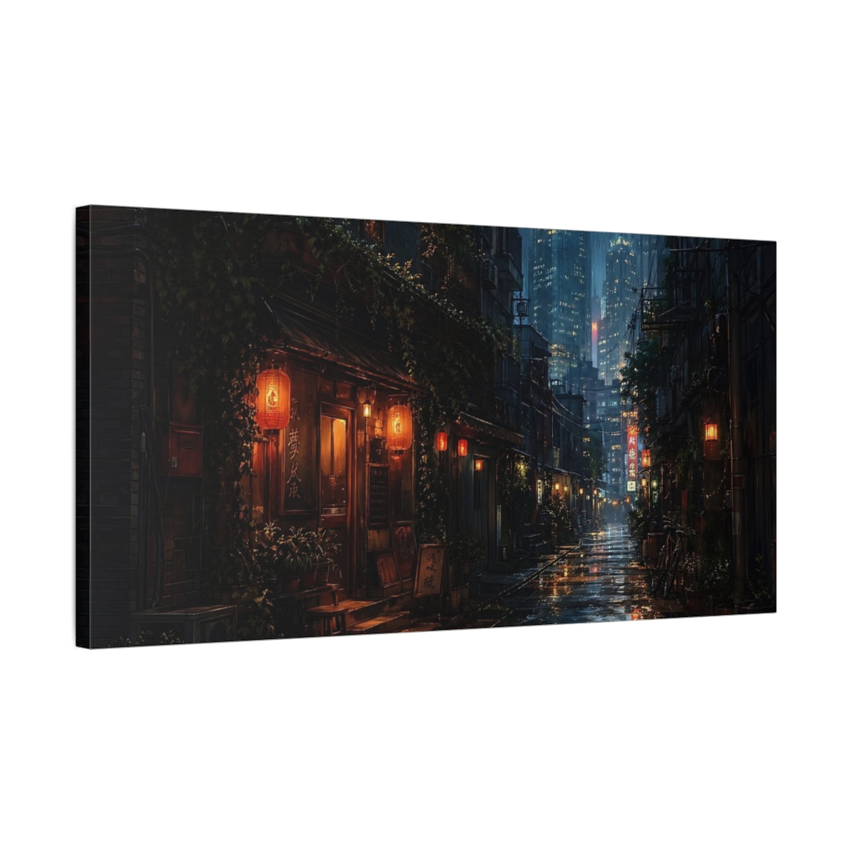 Side Mockup 1. Science Fiction Rainy Street Dark Rainy City shown as stretched canvas wall art