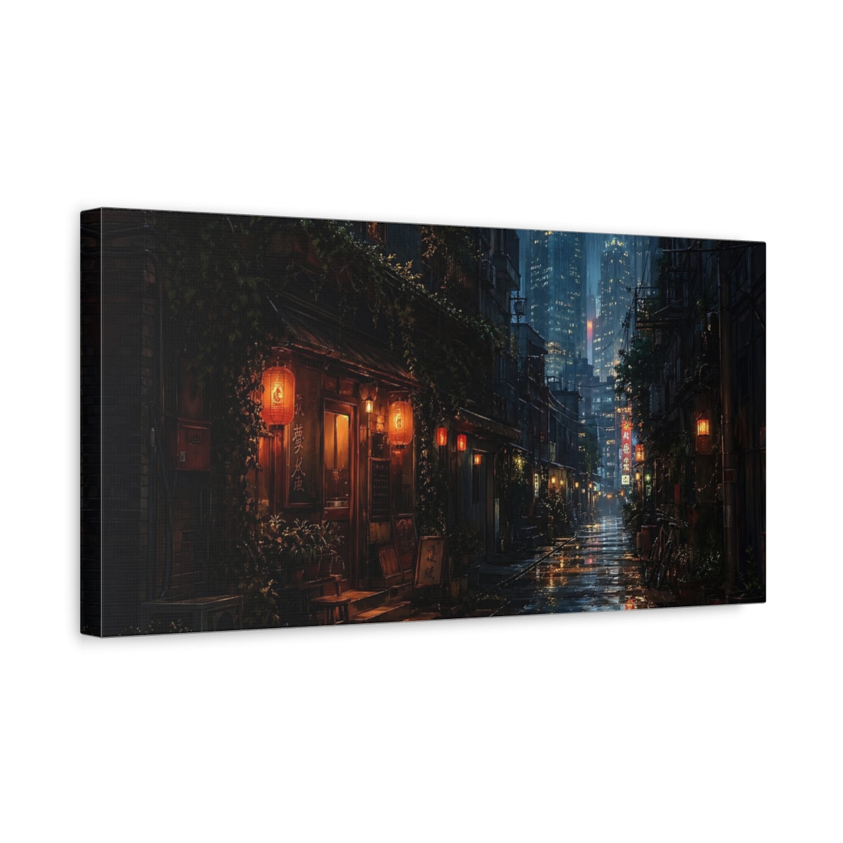 Side Mockup 3. Science Fiction Rainy Street Dark Rainy City shown as stretched canvas wall art