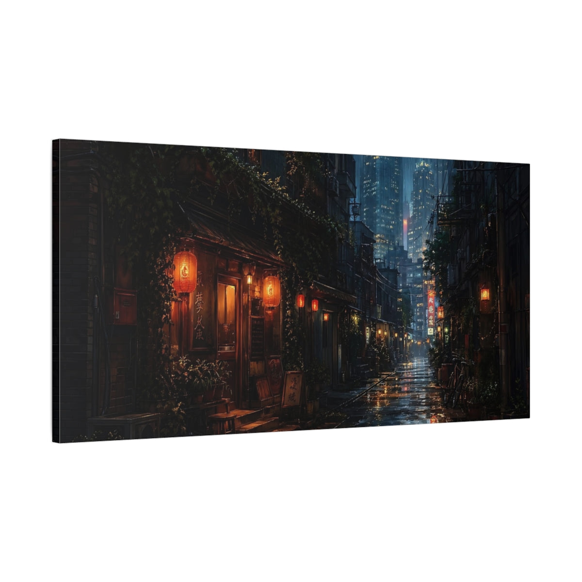 Main Mockup. Science Fiction Rainy Street Dark Rainy City shown as stretched canvas wall art
