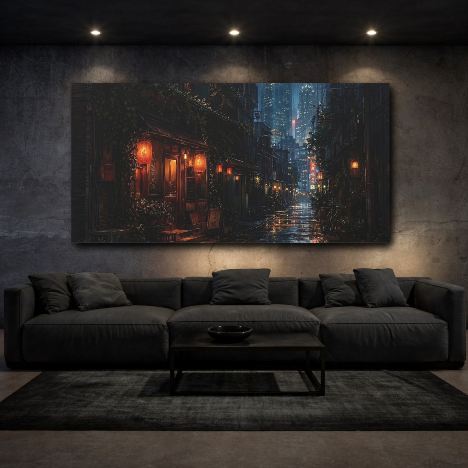 Mockup 2. Science Fiction Rainy Street Dark Rainy City shown as stretched canvas wall art