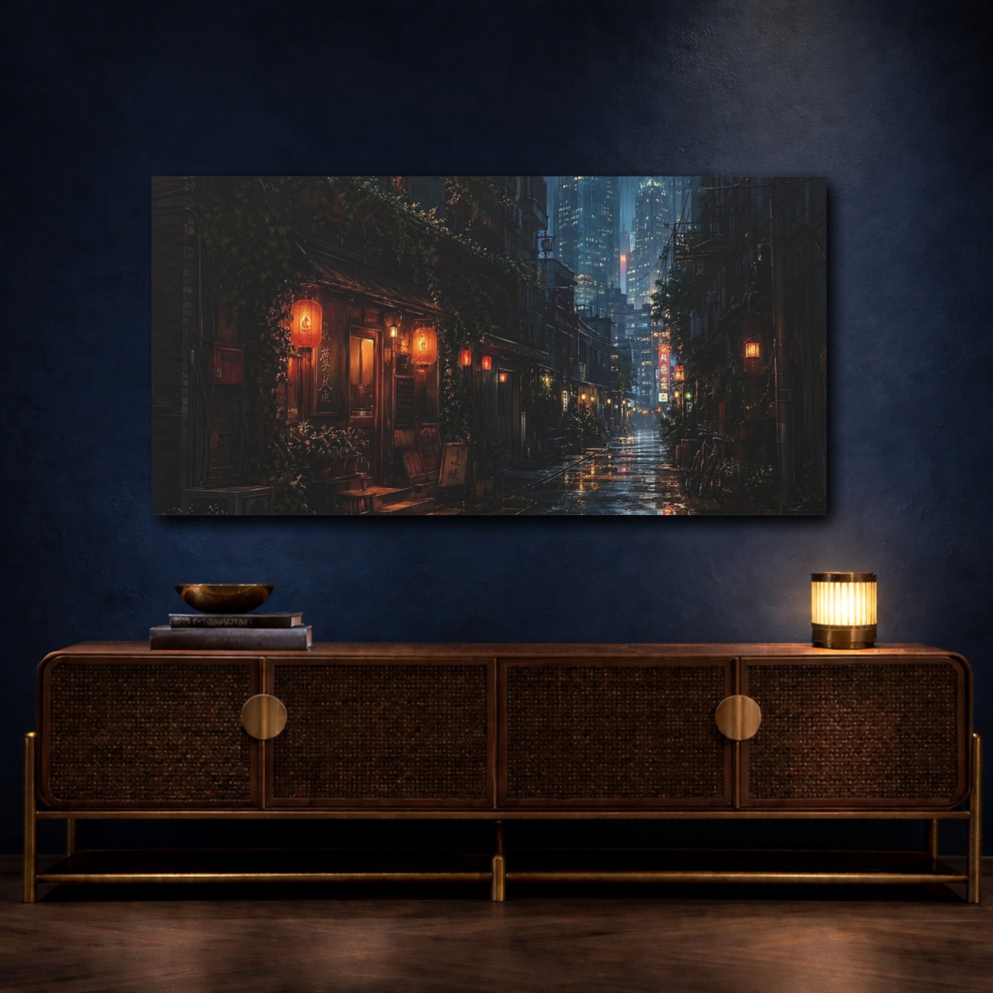 Mockup 3. Science Fiction Rainy Street Dark Rainy City shown as stretched canvas wall art
