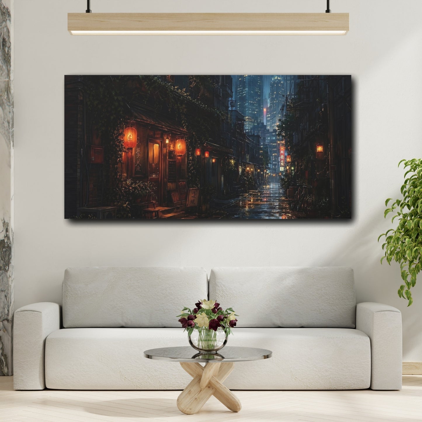 Mockup 4. Science Fiction Rainy Street Dark Rainy City shown as stretched canvas wall art