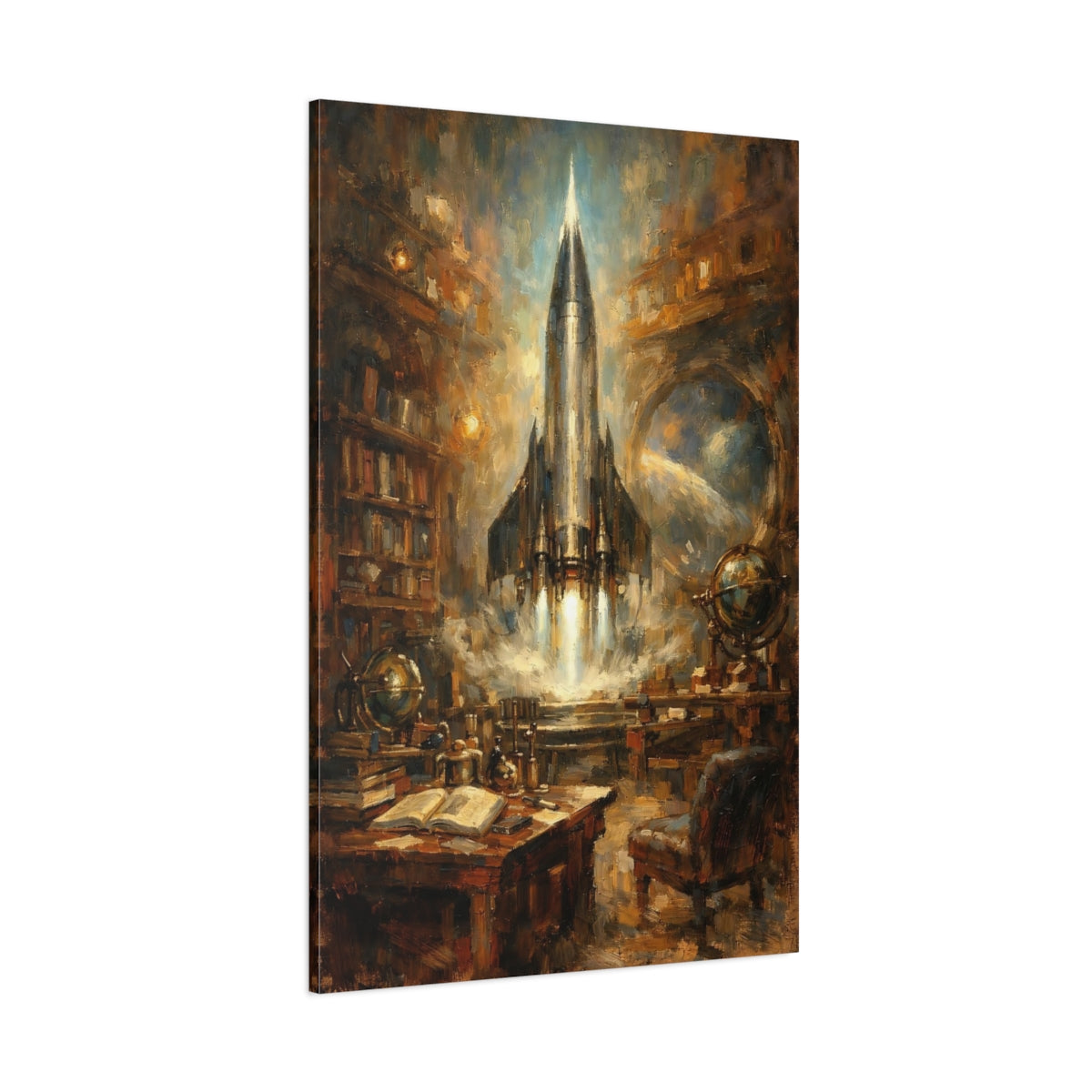 Main Mockup. Science Fiction Rocket Launch Brown And Blue shown as stretched canvas wall art