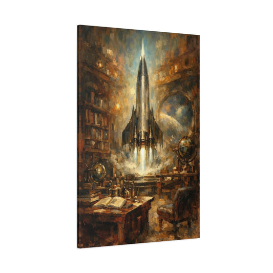 Main Mockup. Science Fiction Rocket Launch Brown And Blue shown as stretched canvas wall art
