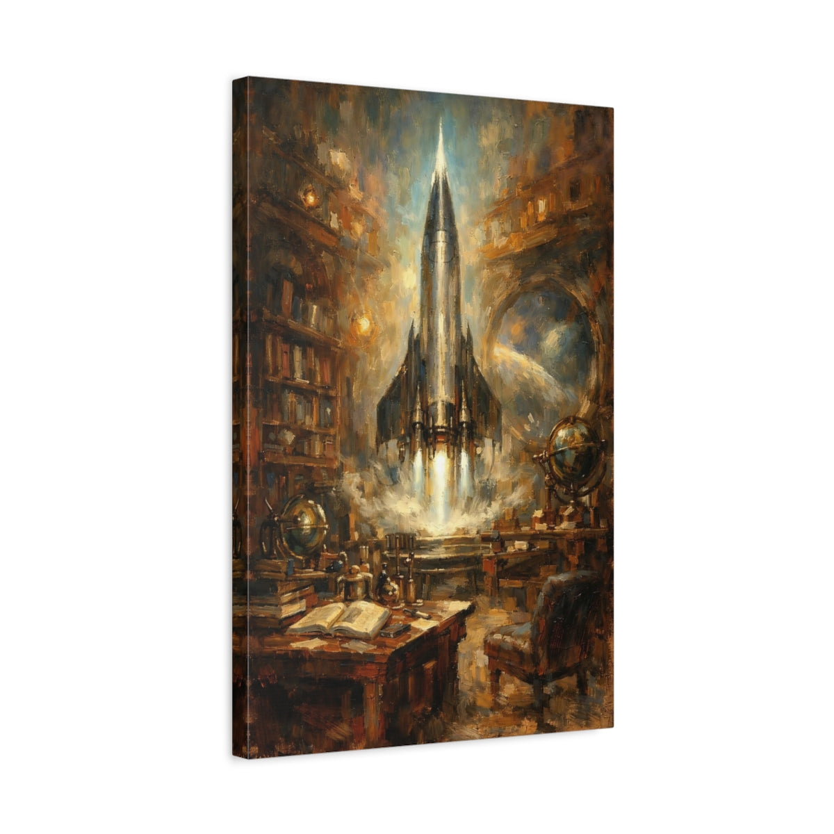 Side Mockup 3. Science Fiction Rocket Launch Brown And Blue shown as stretched canvas wall art