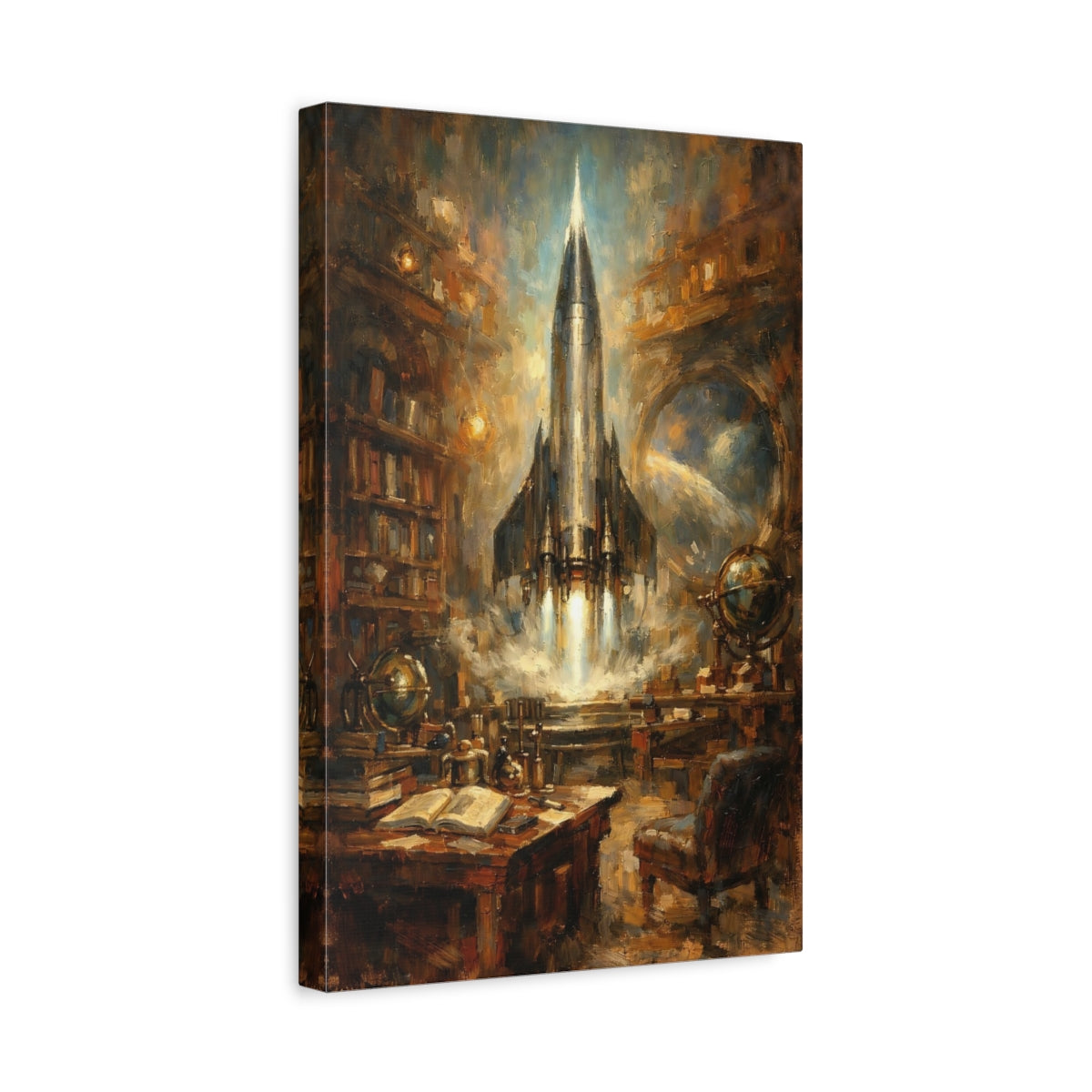 Side Mockup 4. Science Fiction Rocket Launch Brown And Blue shown as stretched canvas wall art