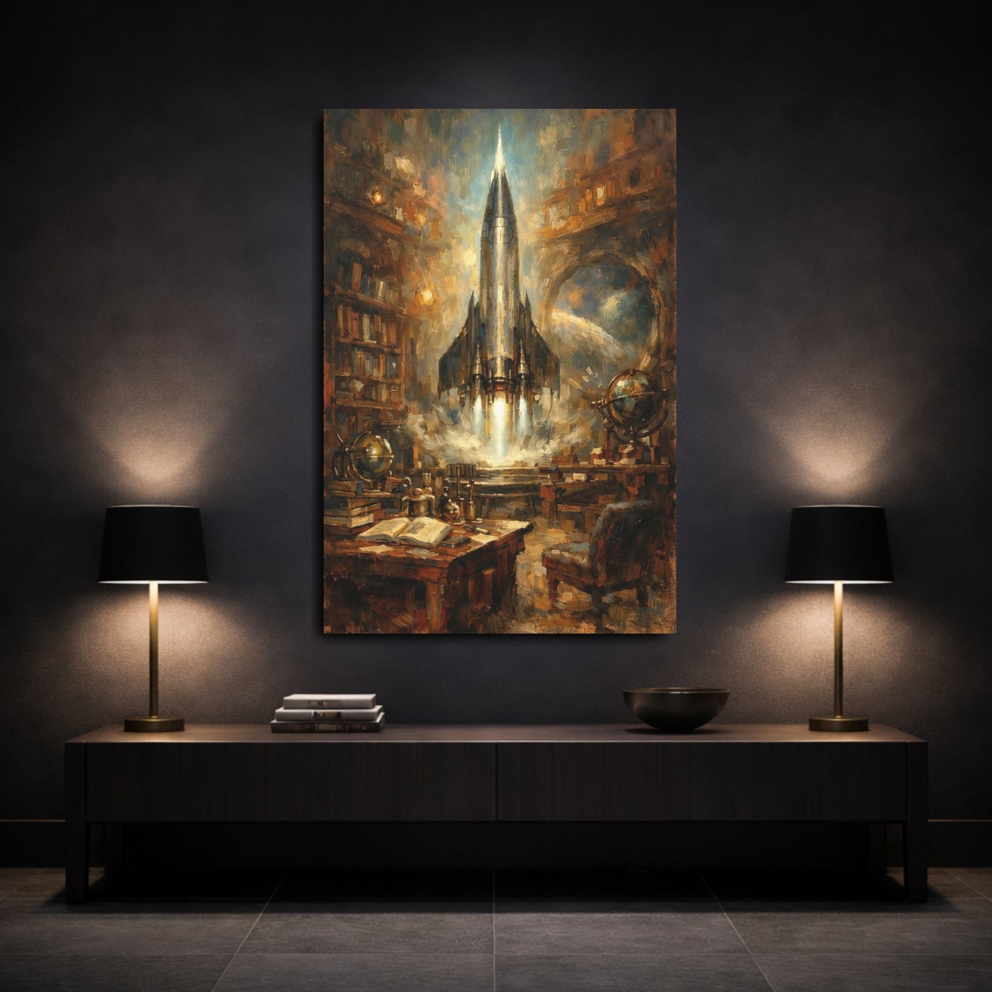 Mockup 2. Science Fiction Rocket Launch Brown And Blue shown as stretched canvas wall art