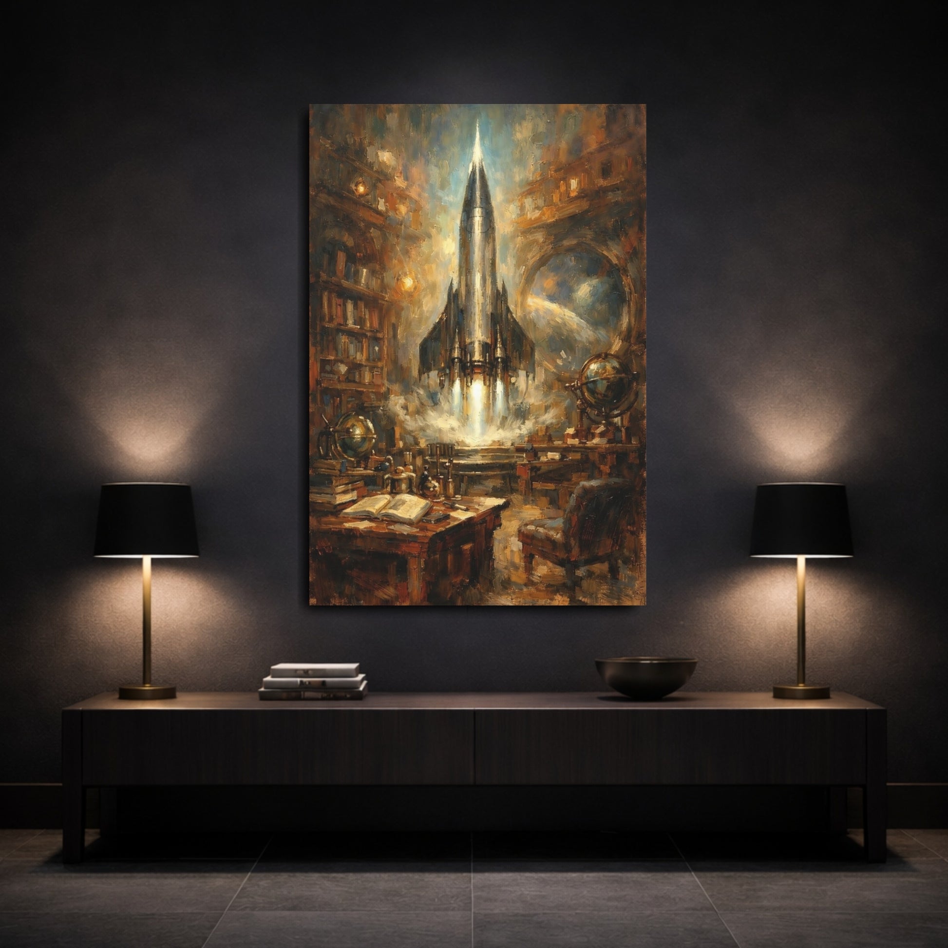 Mockup 2. Science Fiction Rocket Launch Brown And Blue shown as stretched canvas wall art