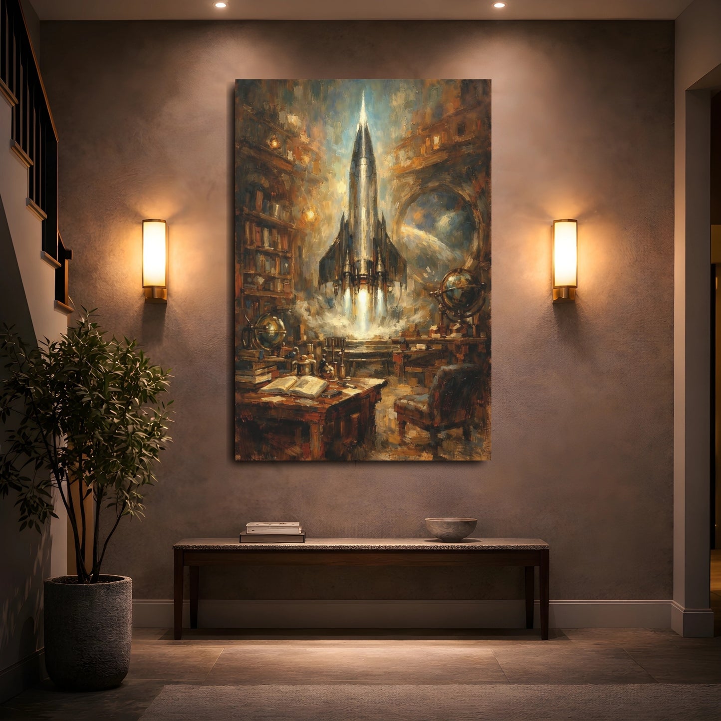 Mockup 4. Science Fiction Rocket Launch Brown And Blue shown as stretched canvas wall art