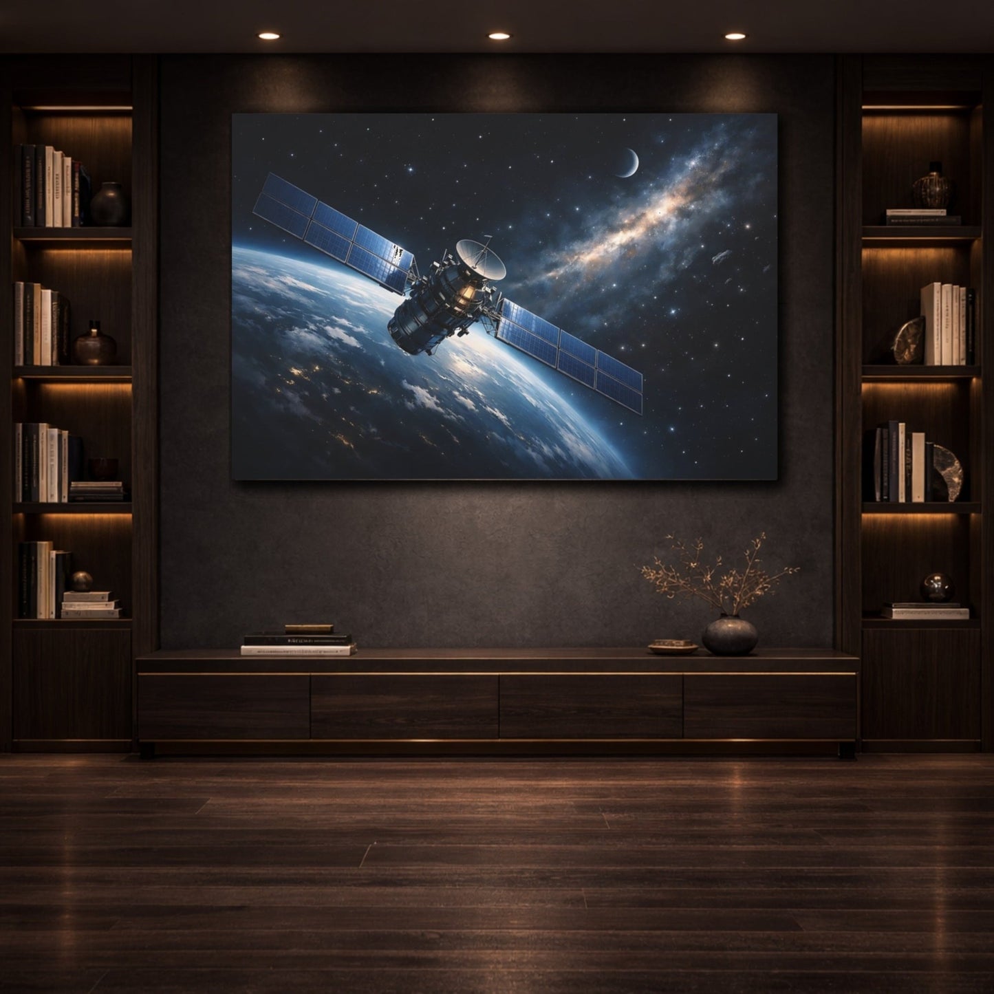 Science Fiction Satellite Blue Space Earth - Canvas Wall Art Print - YesArtYes